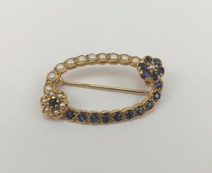 9ct Yellow Gold Sapphire & Pearl Brooch