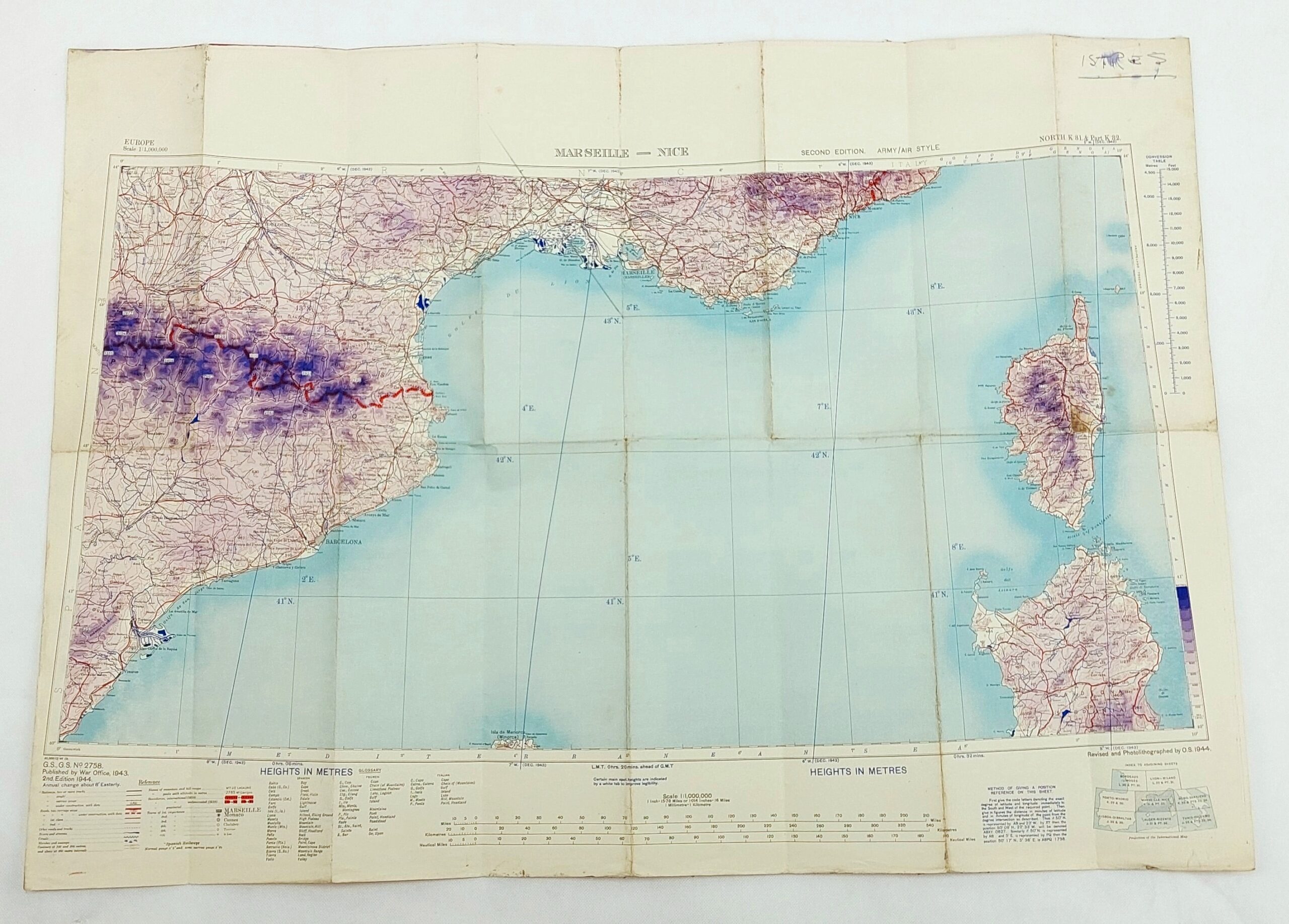 Original WW2 Marseille – Nice Army/Air Style War Office Map No. 2758