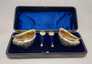 Cased Pair of Sterling Silver Salts With Spoons Birmingham 1901