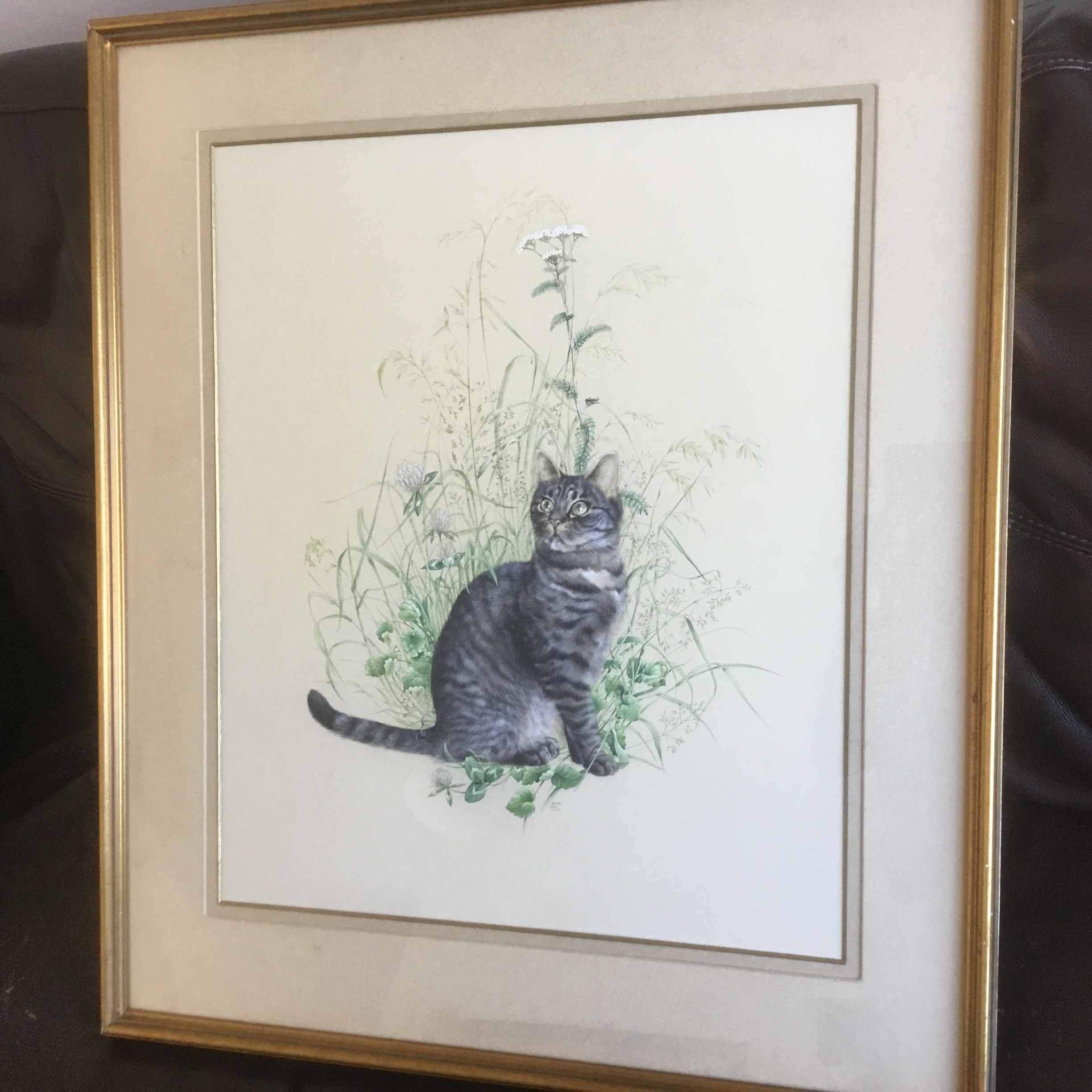 Lesley Anne Ivory original cat watercolour 'Muppet in Red Clover' large framed painting - Image 2