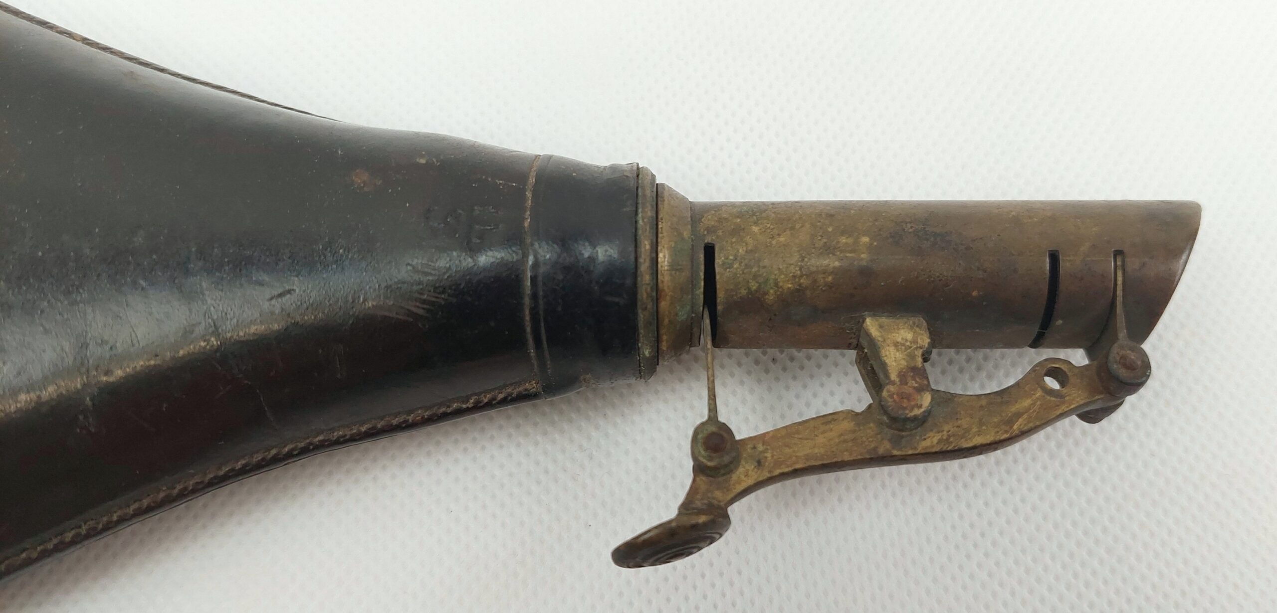 Antique Embossed Leather And Brass Powder Horn #1 - Image 2