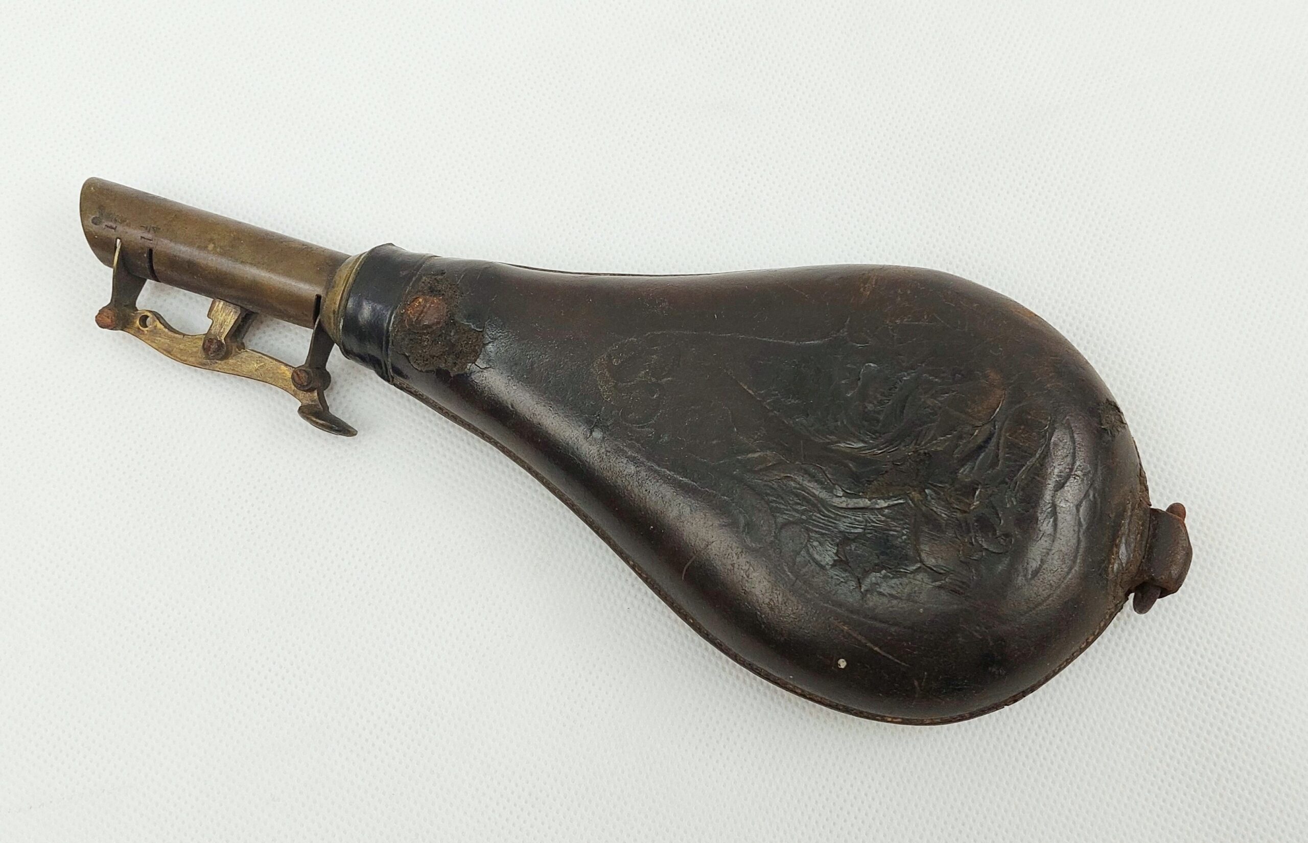 Antique Embossed Leather And Brass Powder Horn #1