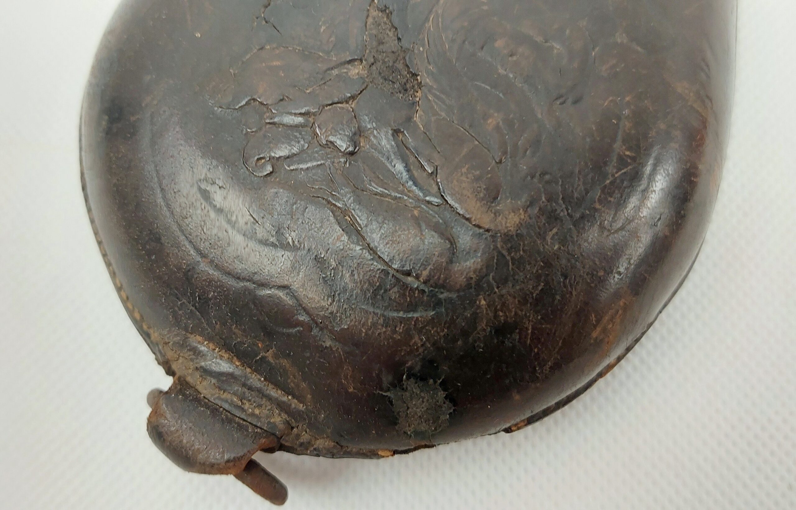 Antique Embossed Leather And Brass Powder Horn #1 - Image 7
