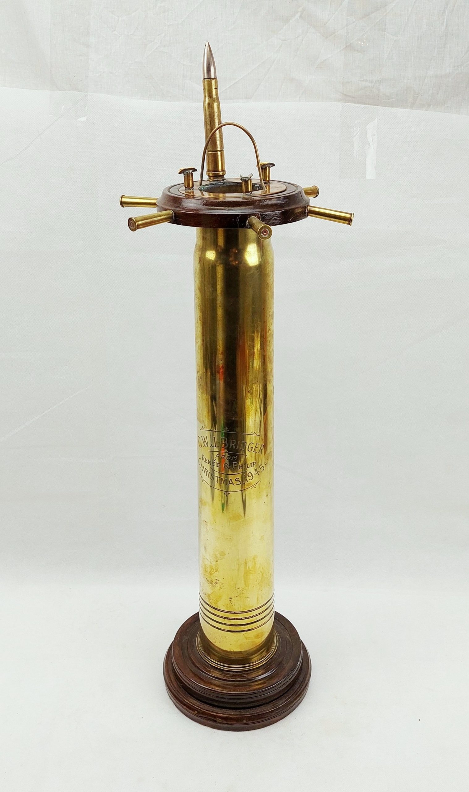 1945 Trench Art Ash Tray Shell Case Stand With Bullet Lighter