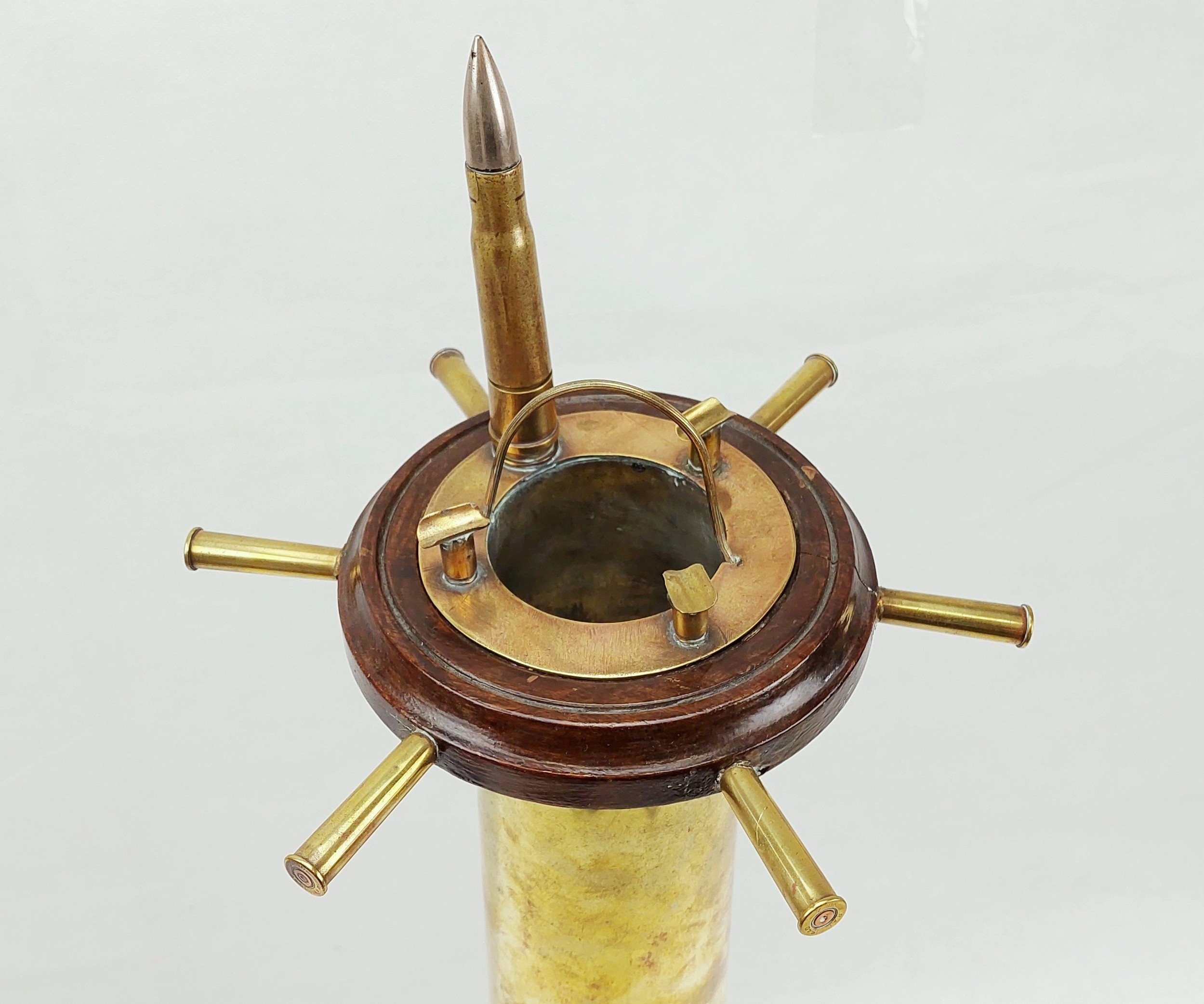 1945 Trench Art Ash Tray Shell Case Stand With Bullet Lighter - Image 2