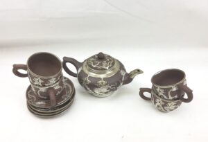 Chinese Yixing Terracotta Four Place Tea Service With Pewter Dragon Design Overlay