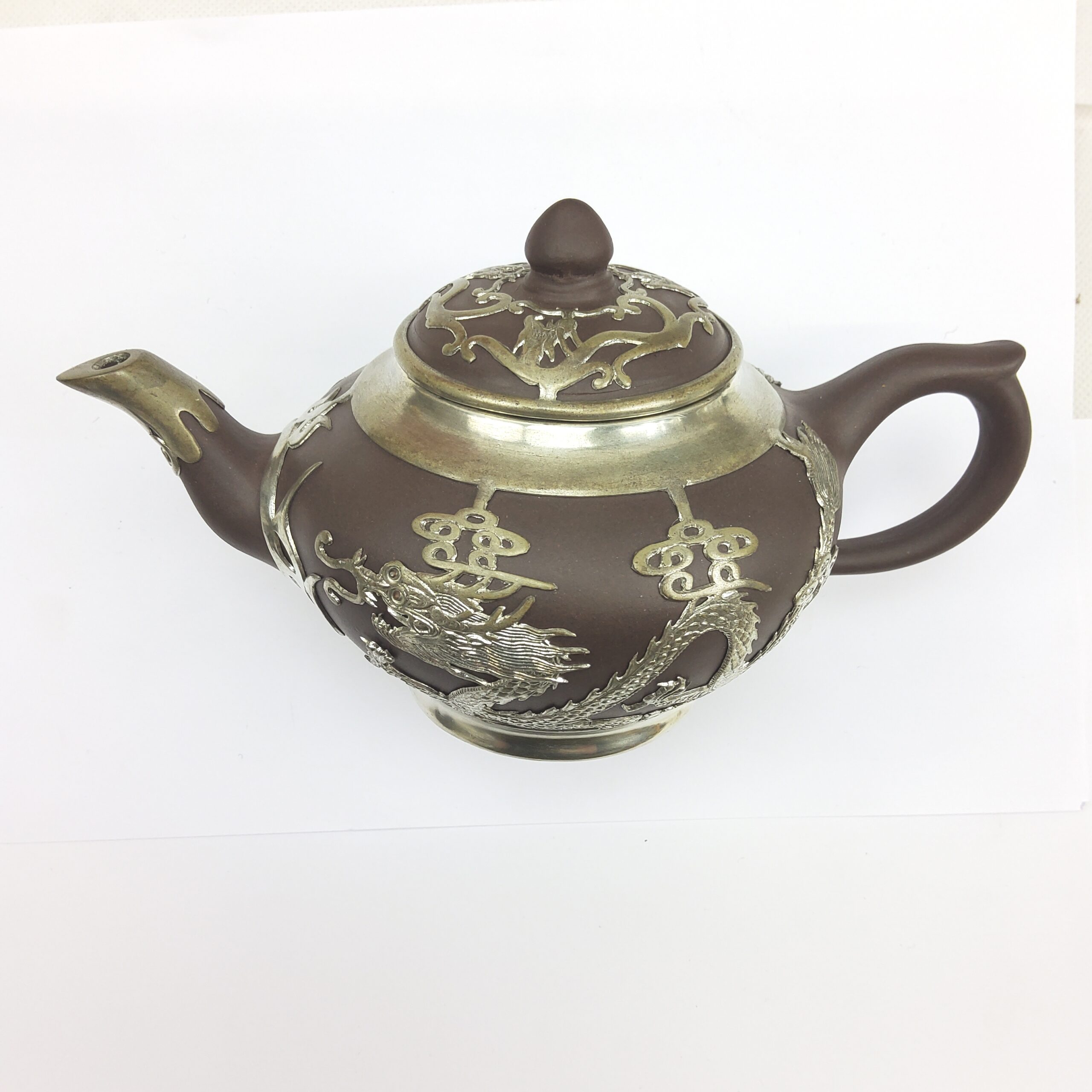 Chinese Yixing Terracotta Four Place Tea Service With Pewter Dragon Design Overlay - Image 12