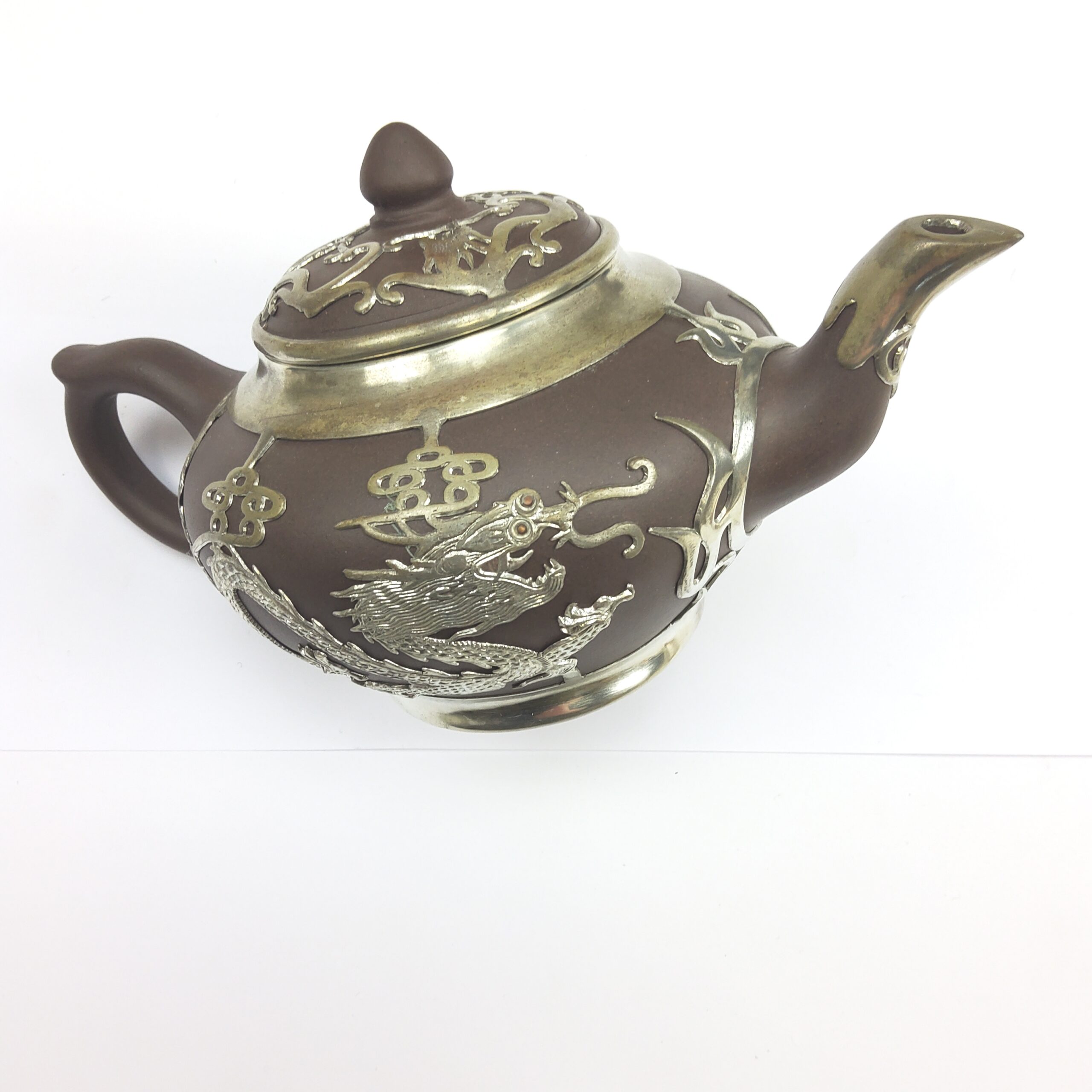 Chinese Yixing Terracotta Four Place Tea Service With Pewter Dragon Design Overlay - Image 11