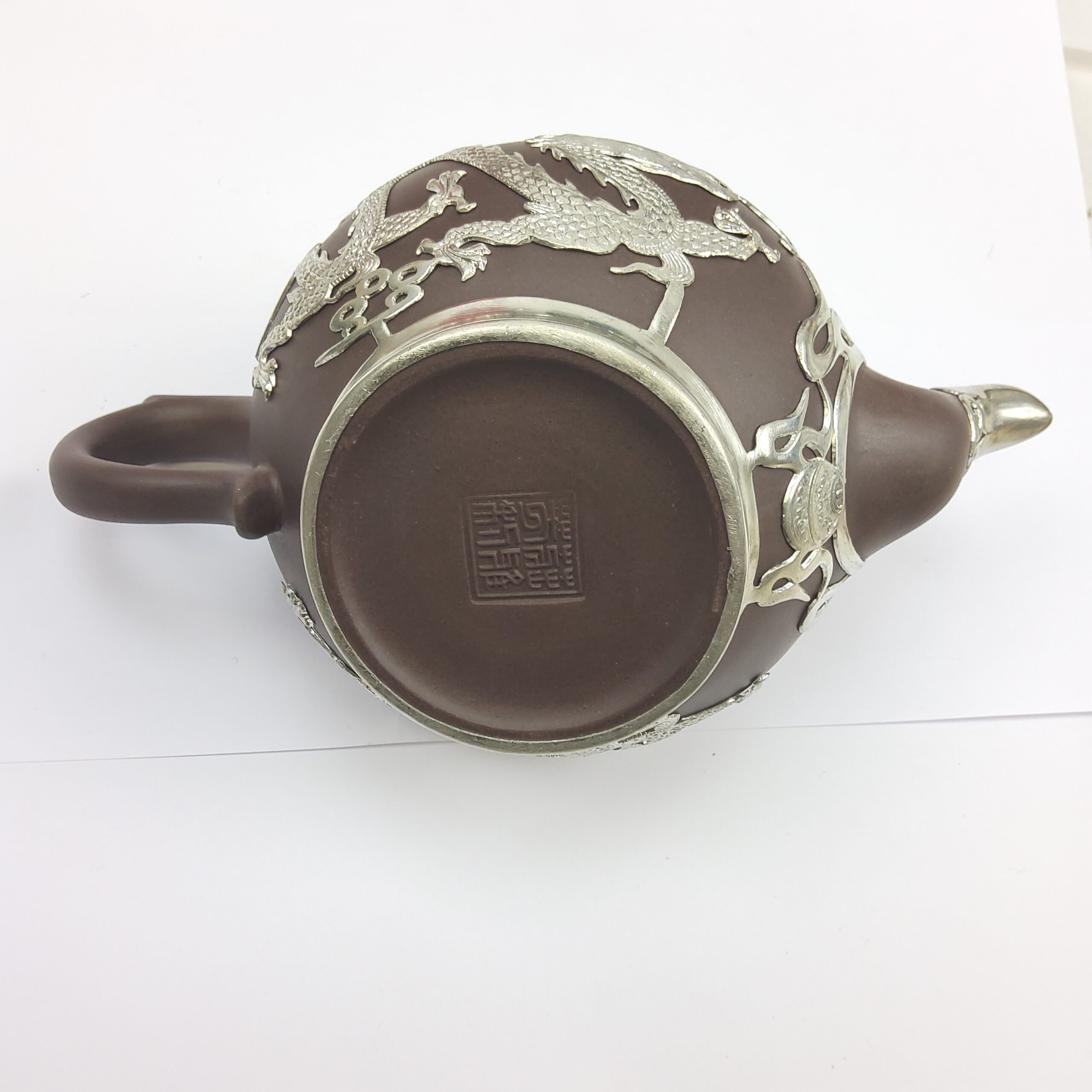 Chinese Yixing Terracotta Four Place Tea Service With Pewter Dragon Design Overlay - Image 10