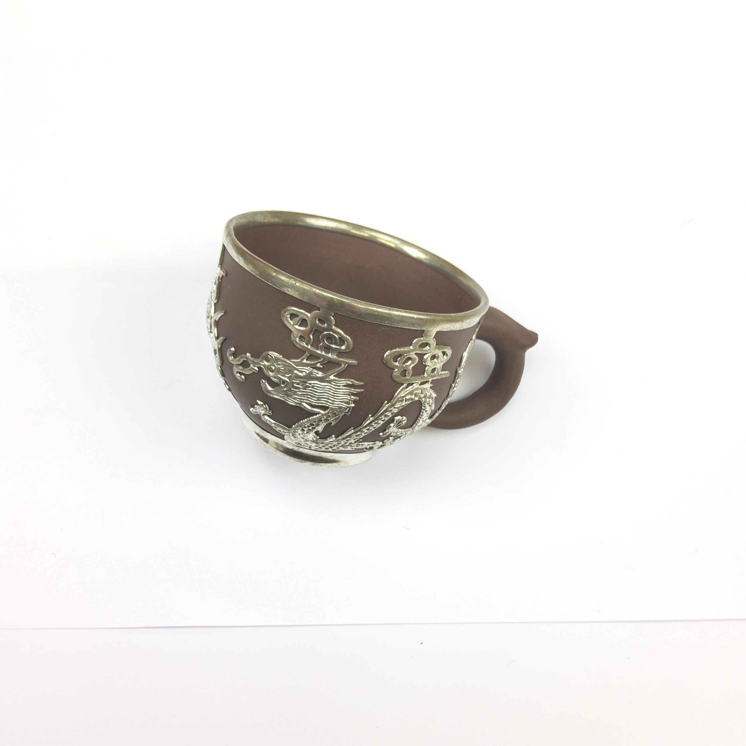 Chinese Yixing Terracotta Four Place Tea Service With Pewter Dragon Design Overlay - Image 9