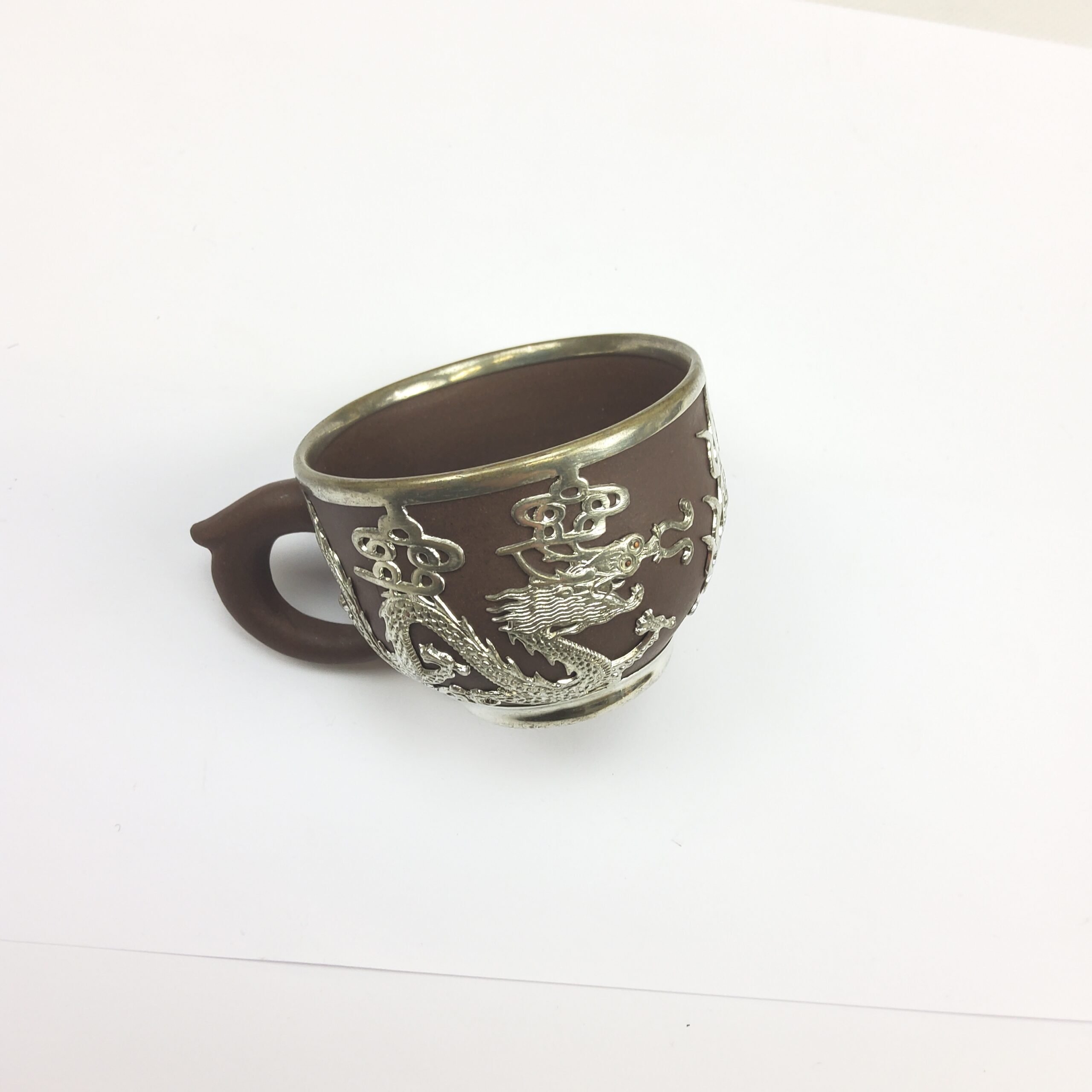 Chinese Yixing Terracotta Four Place Tea Service With Pewter Dragon Design Overlay - Image 8