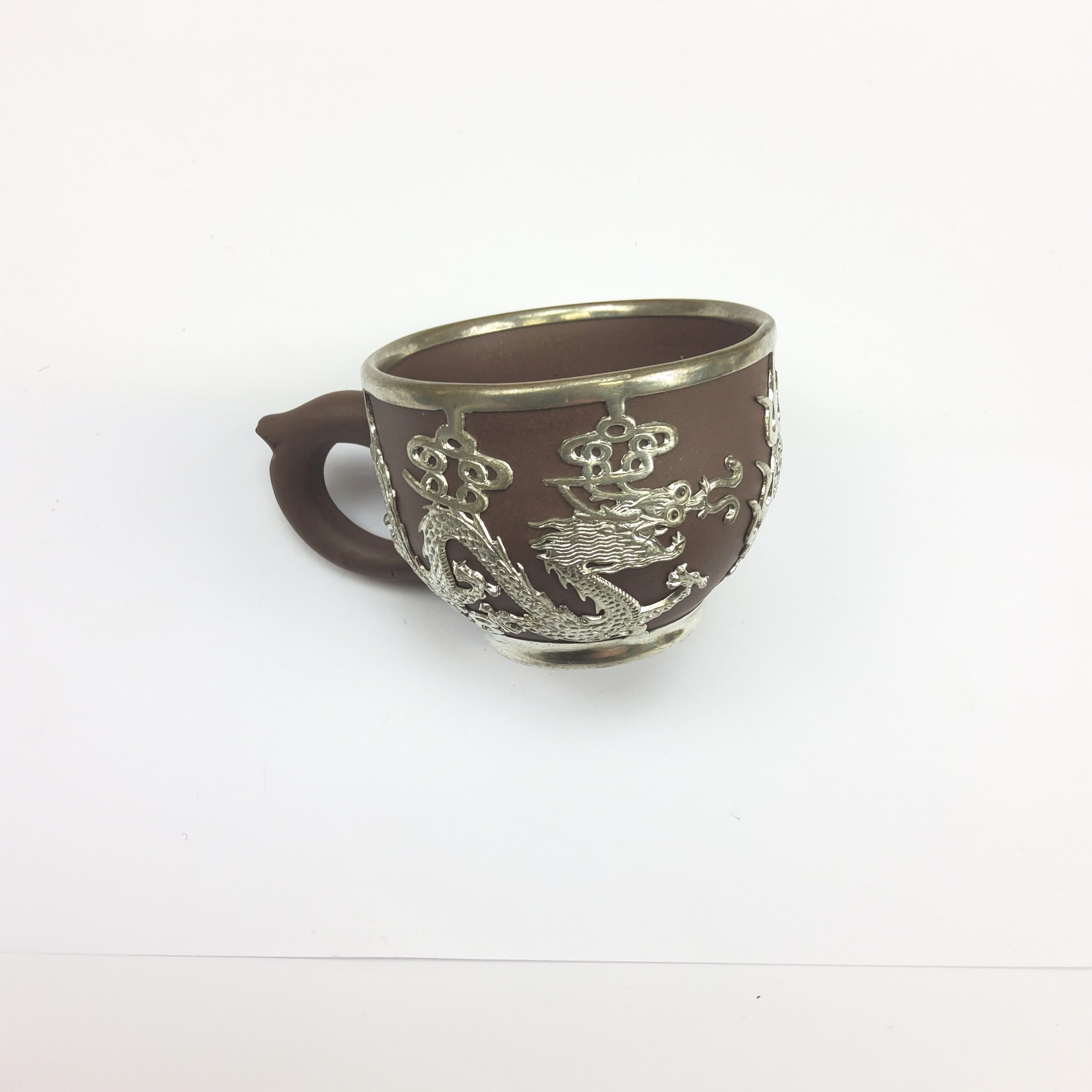 Chinese Yixing Terracotta Four Place Tea Service With Pewter Dragon Design Overlay - Image 7