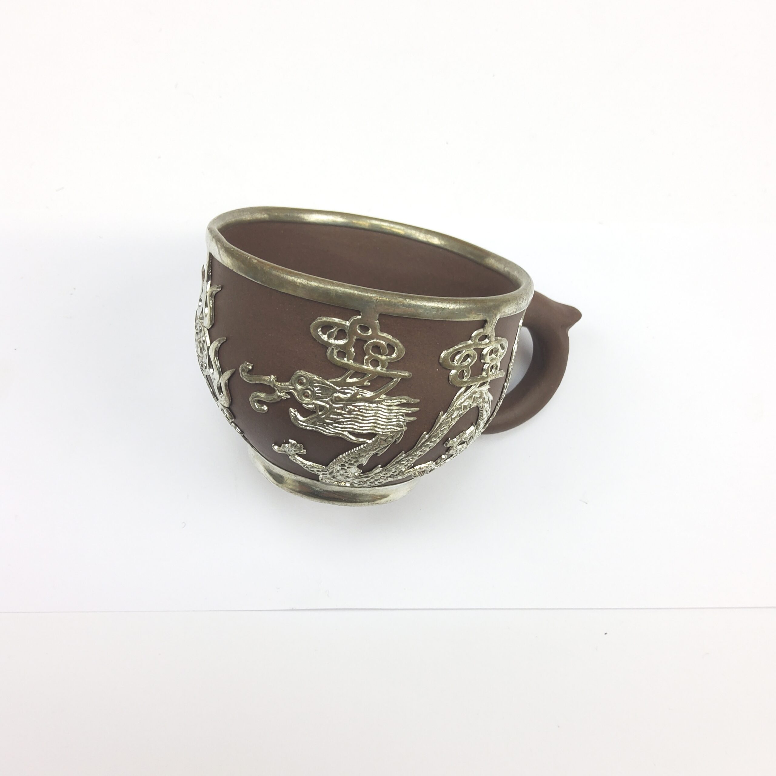 Chinese Yixing Terracotta Four Place Tea Service With Pewter Dragon Design Overlay - Image 6