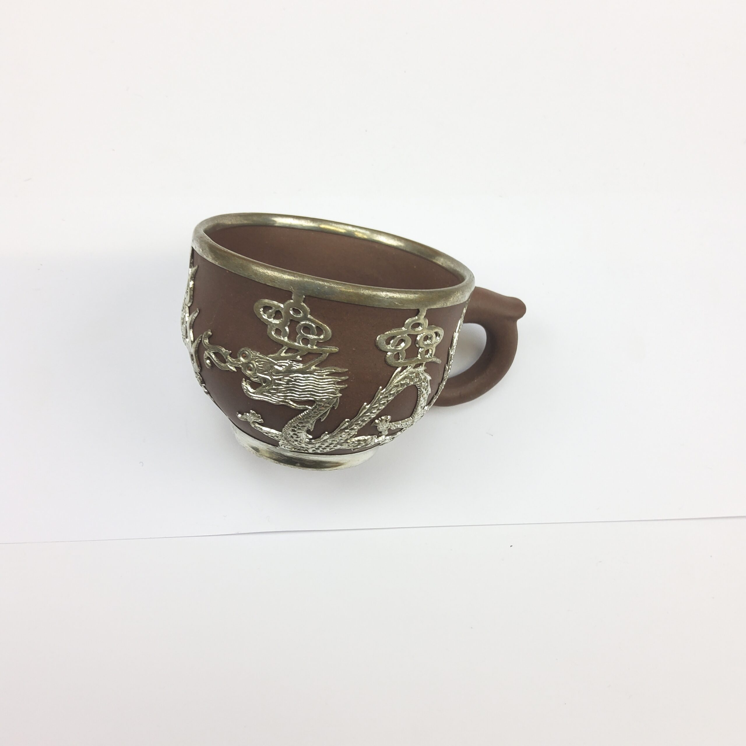 Chinese Yixing Terracotta Four Place Tea Service With Pewter Dragon Design Overlay - Image 5