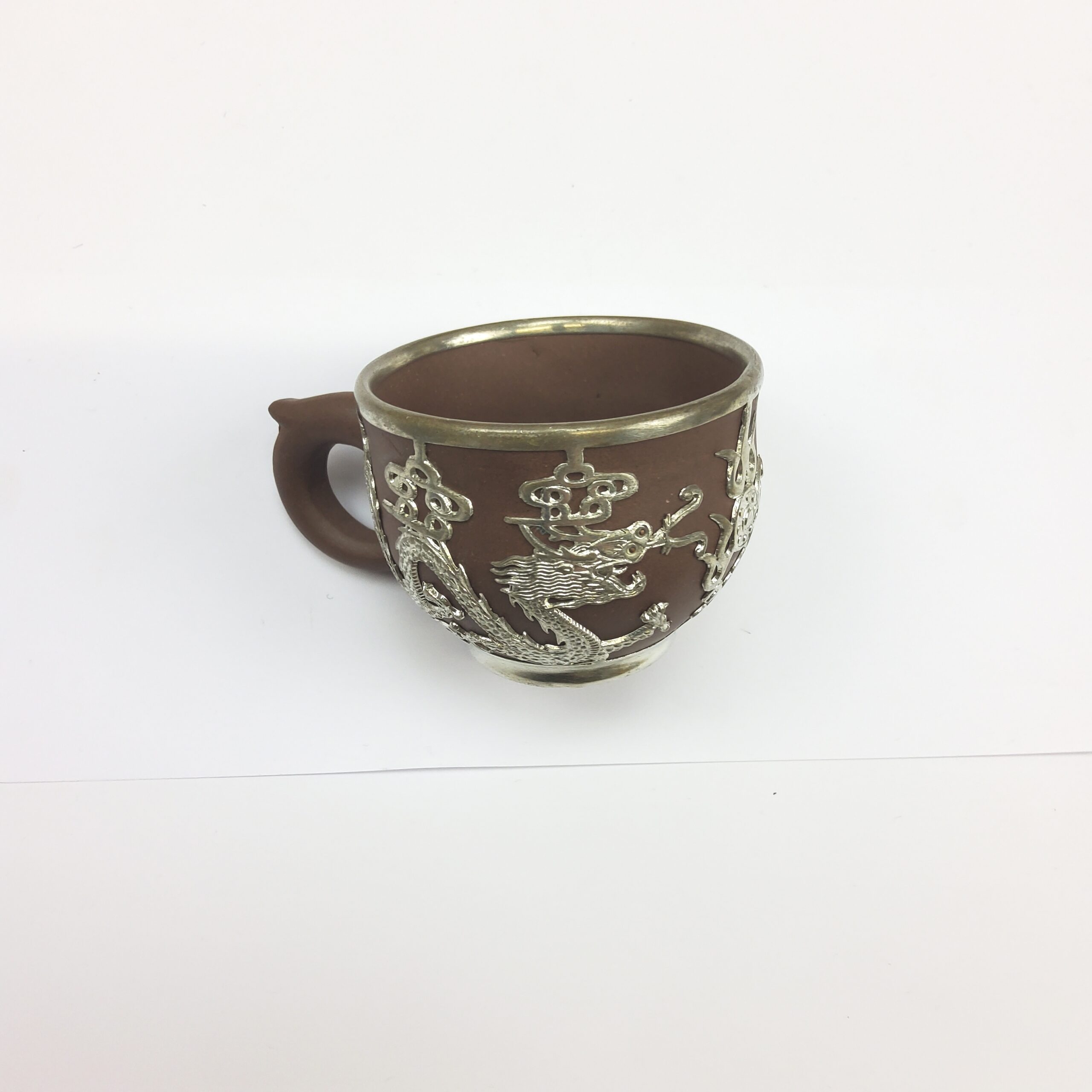 Chinese Yixing Terracotta Four Place Tea Service With Pewter Dragon Design Overlay - Image 4