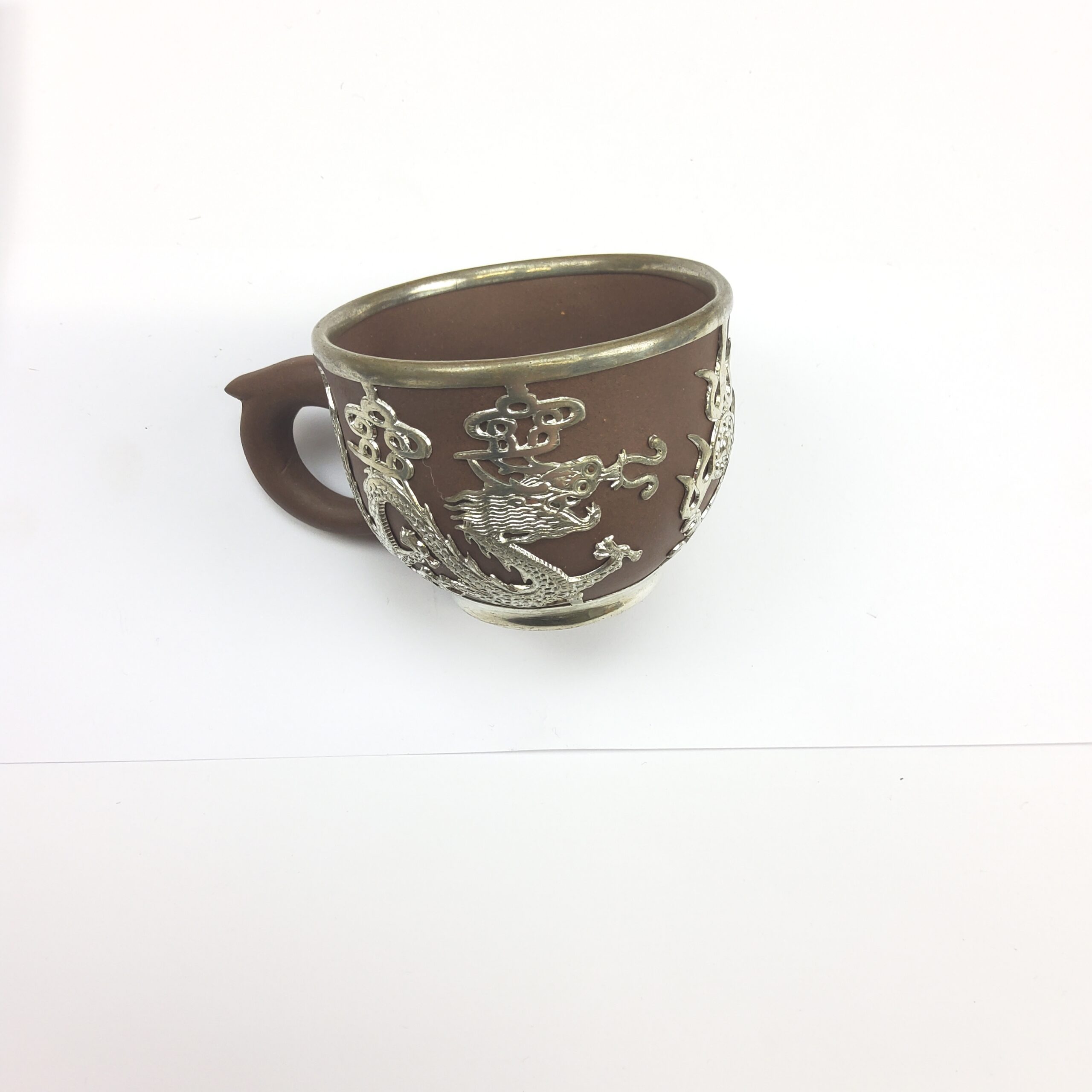Chinese Yixing Terracotta Four Place Tea Service With Pewter Dragon Design Overlay - Image 3