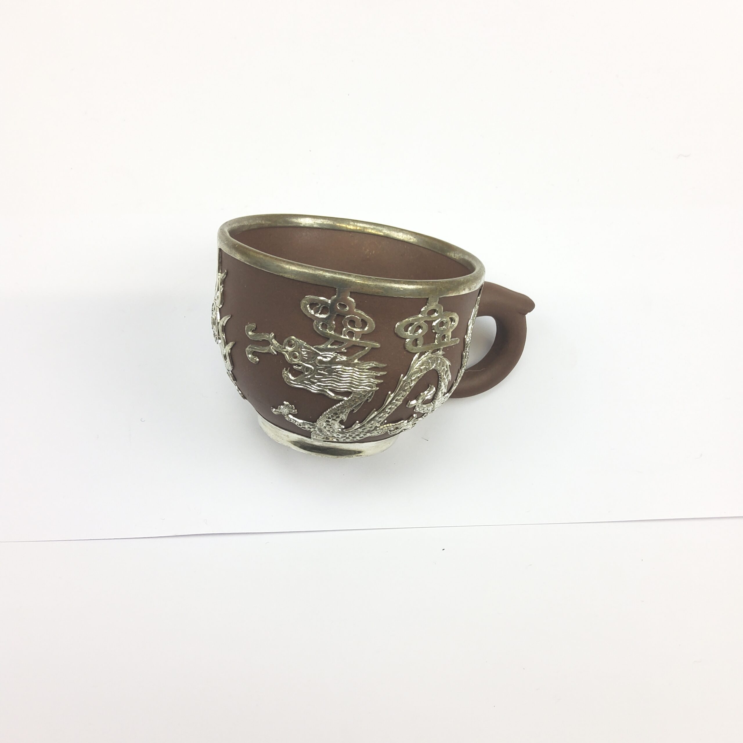 Chinese Yixing Terracotta Four Place Tea Service With Pewter Dragon Design Overlay - Image 2
