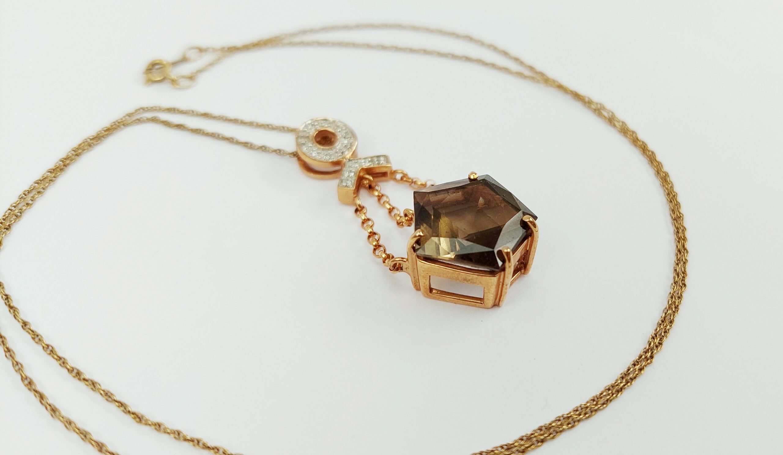 9ct Rose Gold Smokey Quartz & Diamond Pendant Necklace - Image 2