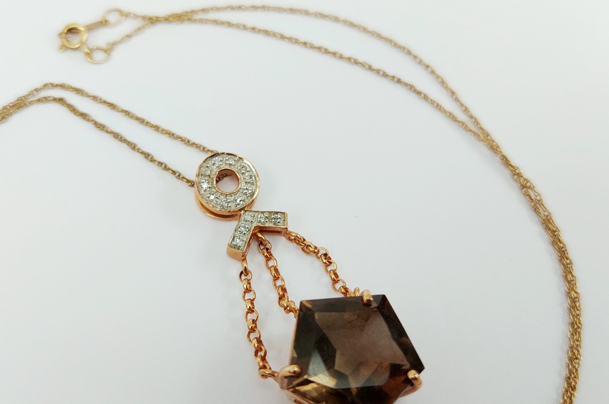 9ct Rose Gold Smokey Quartz & Diamond Pendant Necklace - Image 3