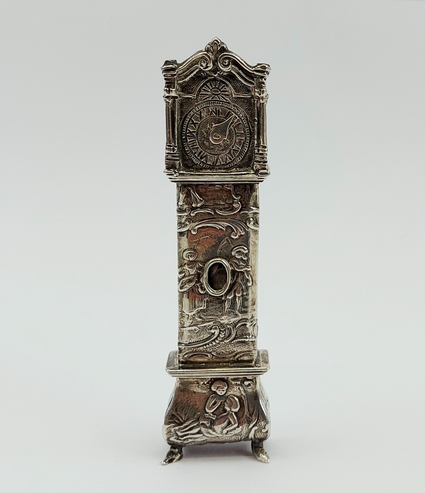 Miniature Sterling Silver Long Case Clock Ornament c1845