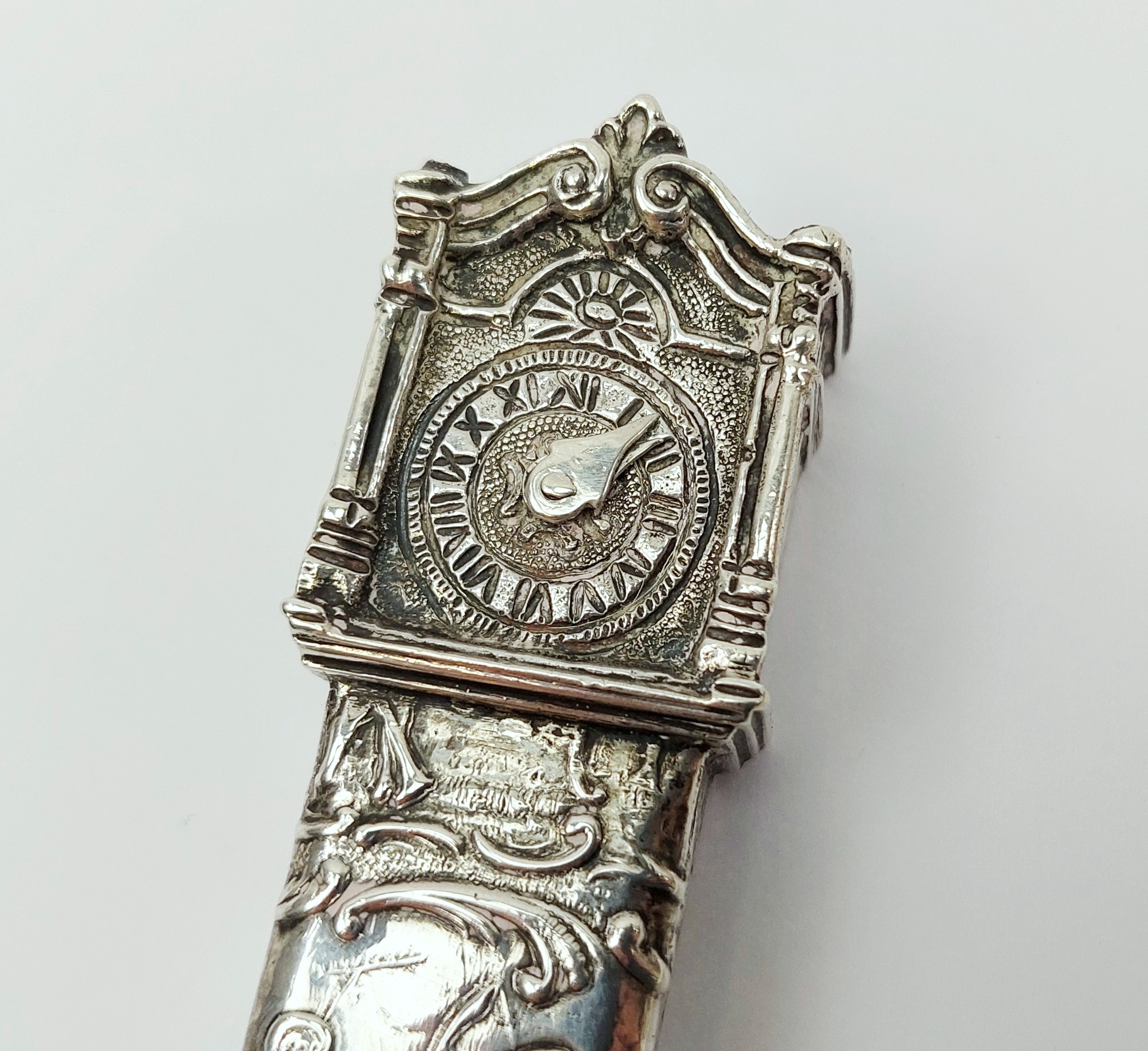 Miniature Sterling Silver Long Case Clock Ornament c1845 - Image 2