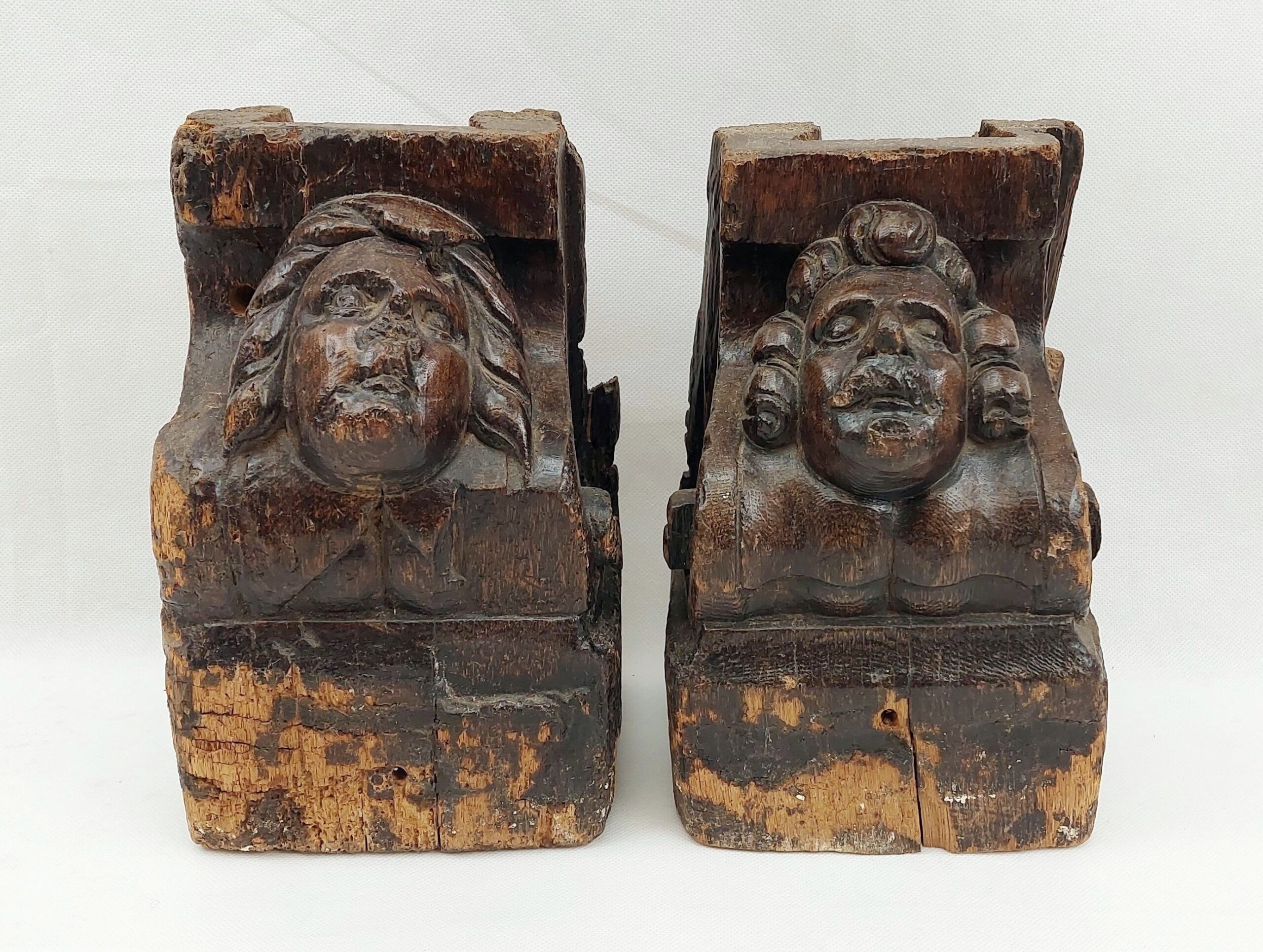 Pair Of 17th Century Oak Corbels With Carved Faces