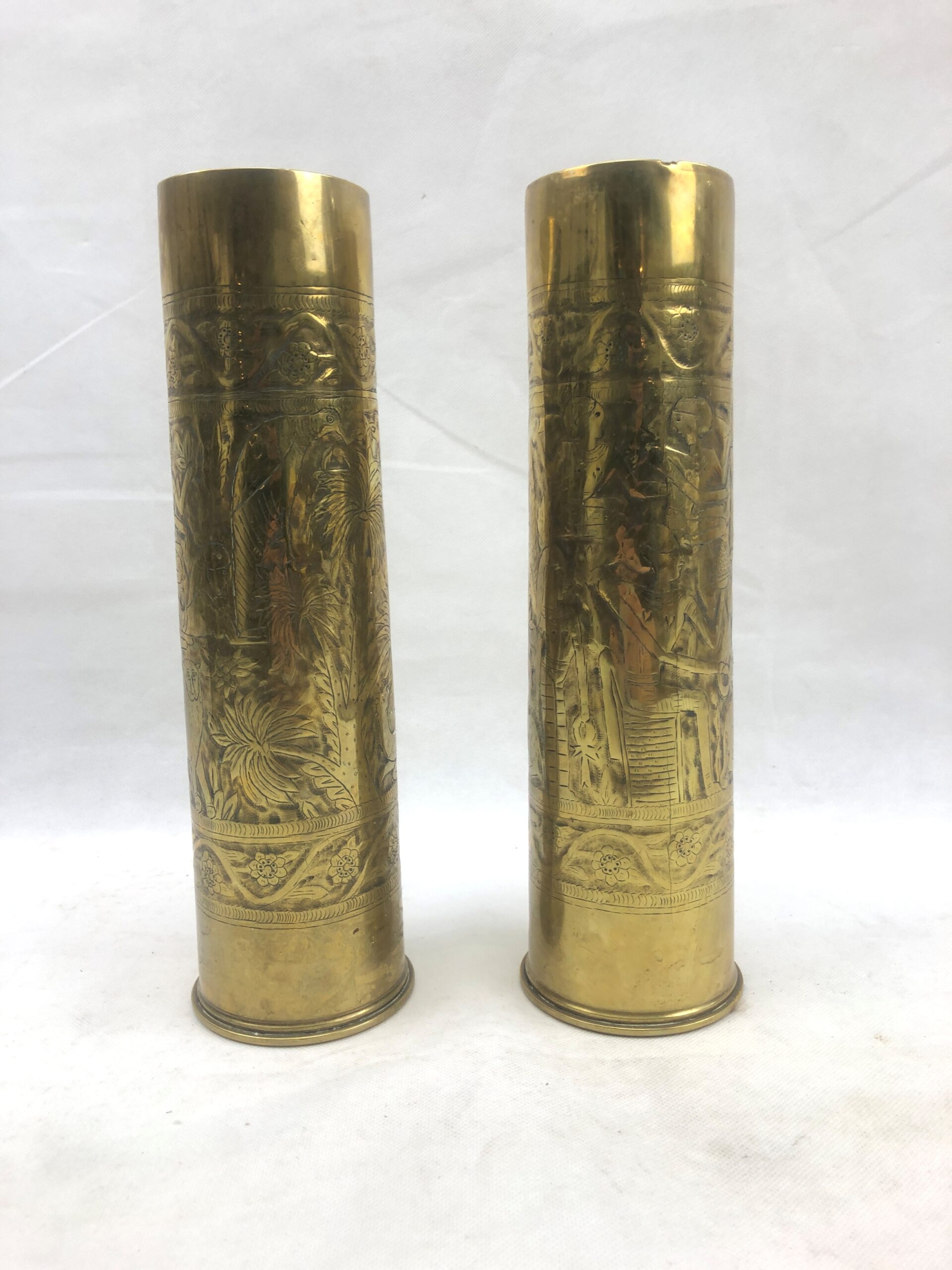 Pair Of 1916-1917 13 Pounder Trench Art Shell Cases With Egyptian Decoration