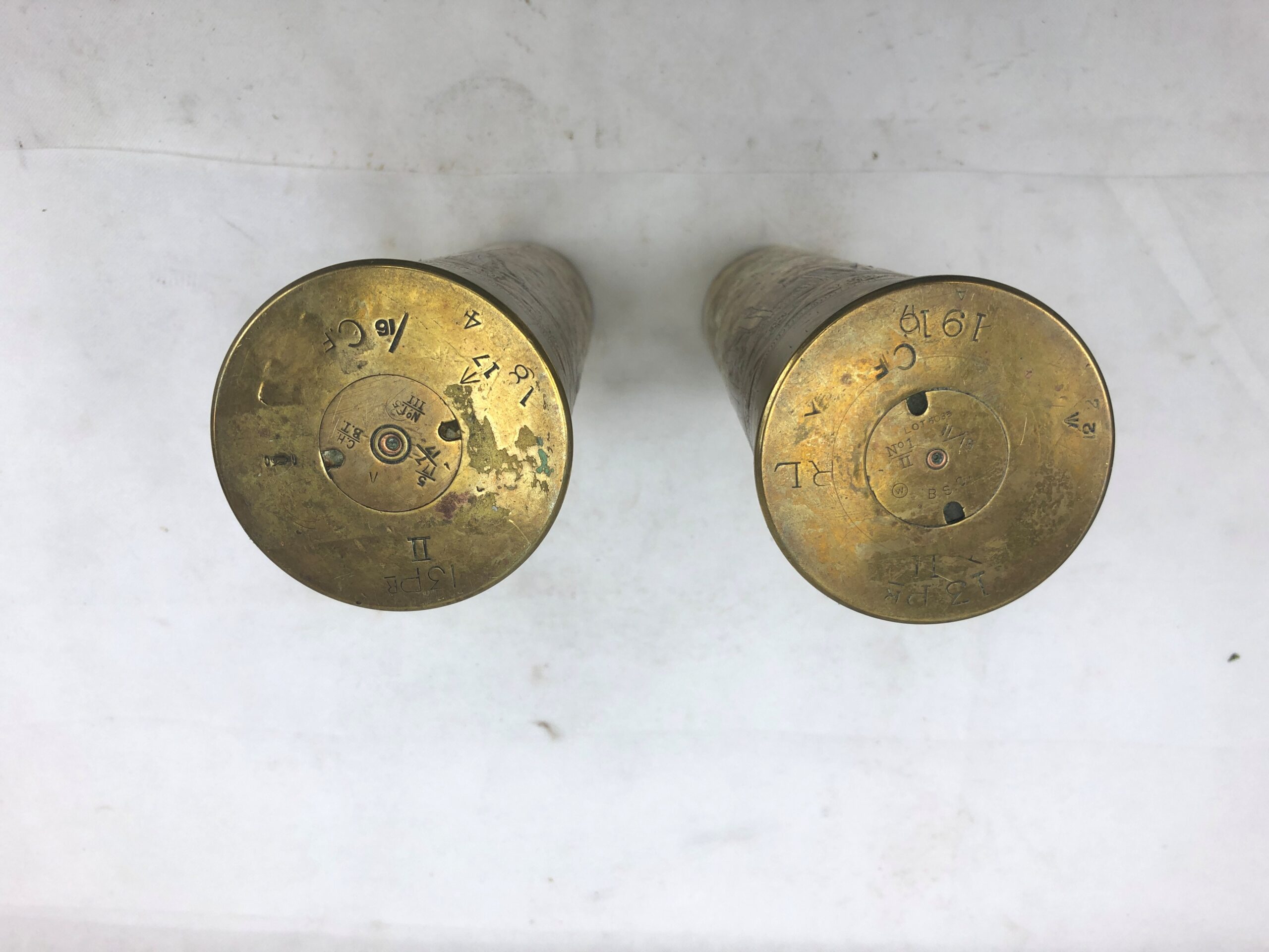 Pair Of 1916-1917 13 Pounder Trench Art Shell Cases With Egyptian Decoration - Image 4