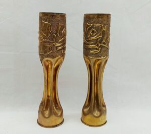 Pair Of WW1 German 1914/15 75mm Trench Art Shell Cases With Stylised Roses