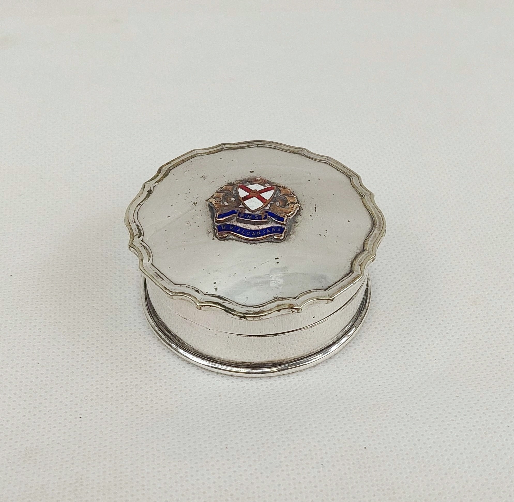 1930's RMS Alcantara Ships Silver Plate And Enamel Pill Box