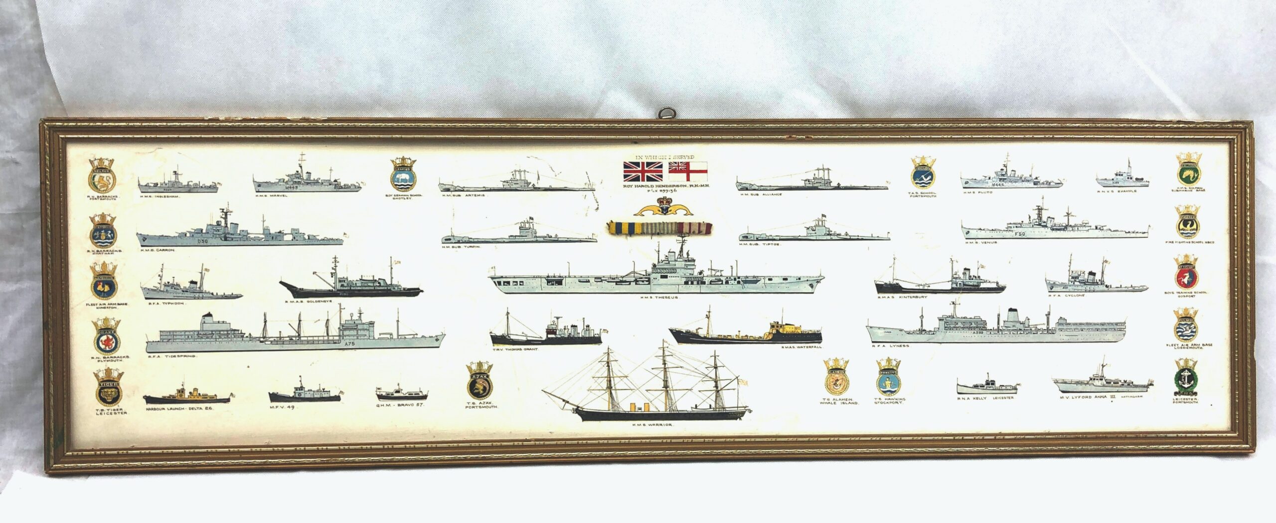 Roy Harold Henderson RN MN Oil Painting Of The Ships He Served On With Medal Ribbon Bar