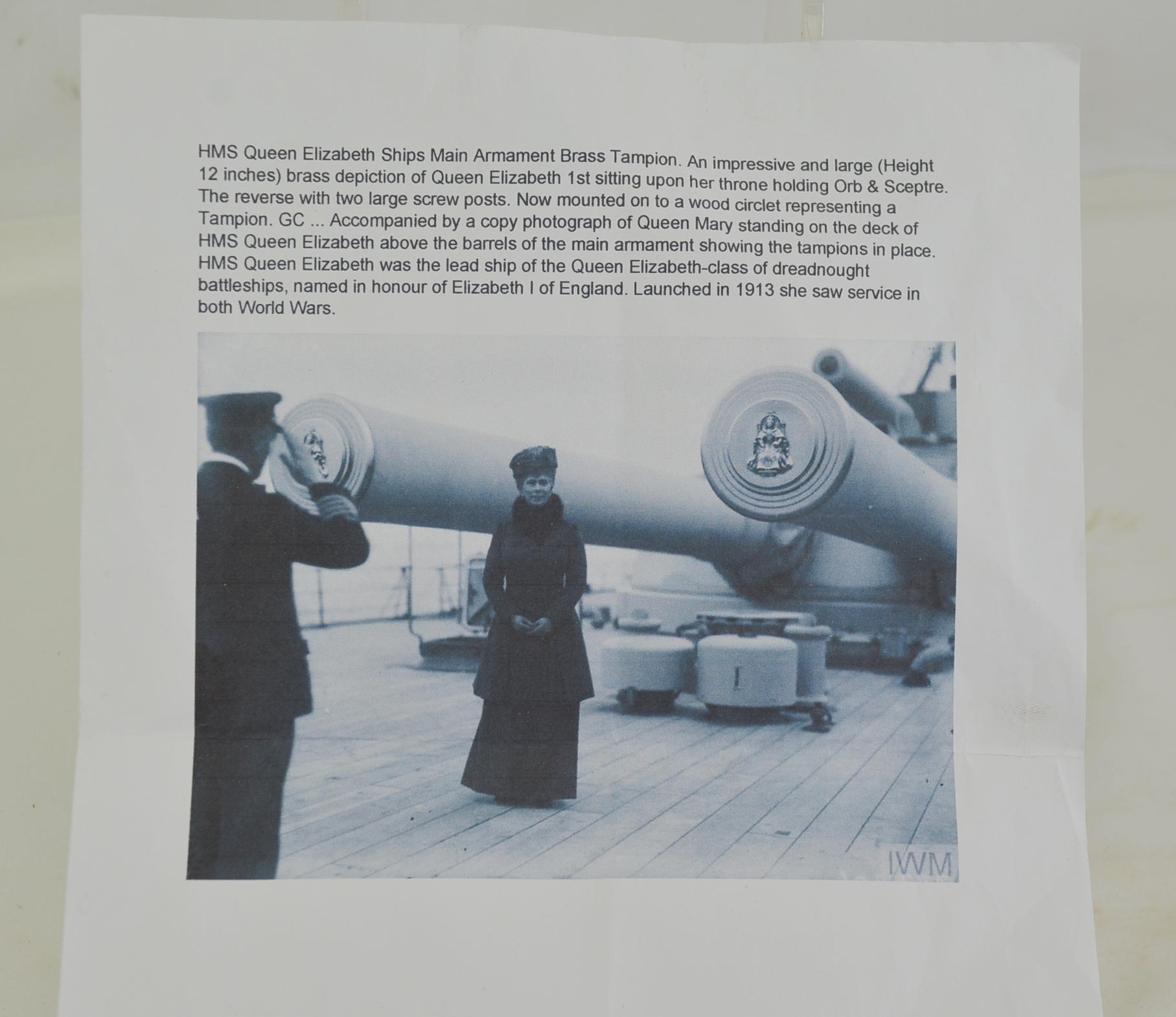 WW1/WW2 HMS Queen Elizabeth Brass Tampion - Image 3