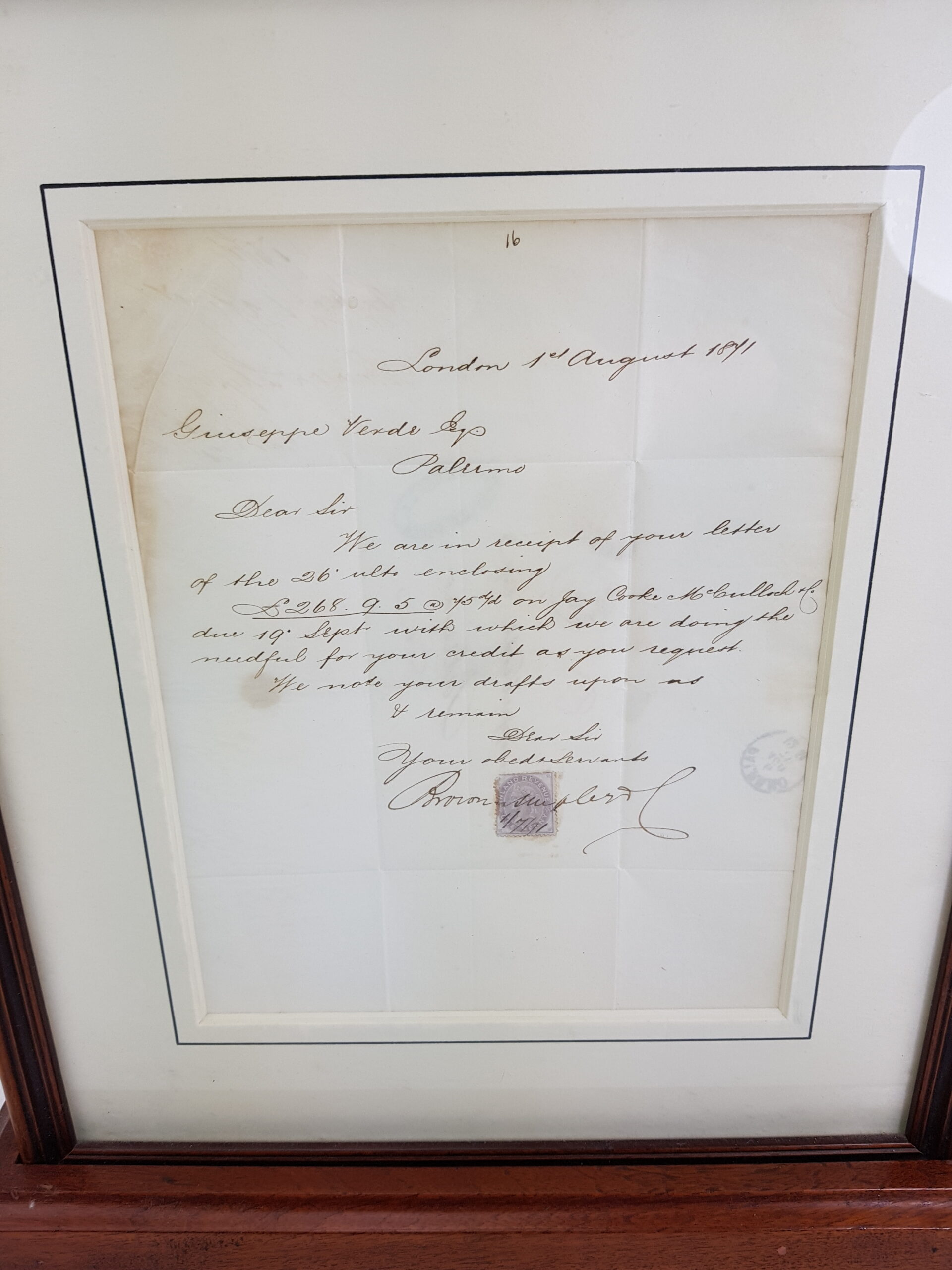 Letter to Composer Giuseppe Verdi Esq Palermo dated 1871 - Image 2