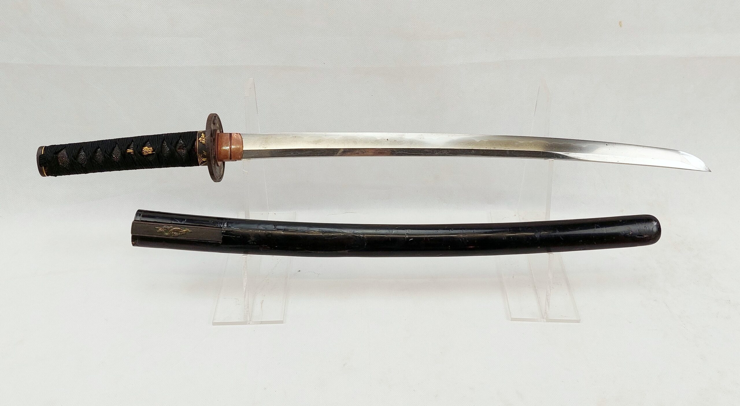 Fine Quality Circa 1550 Japanese Wakizashi With Two Hole Tang And Black Lacquered Scabbard