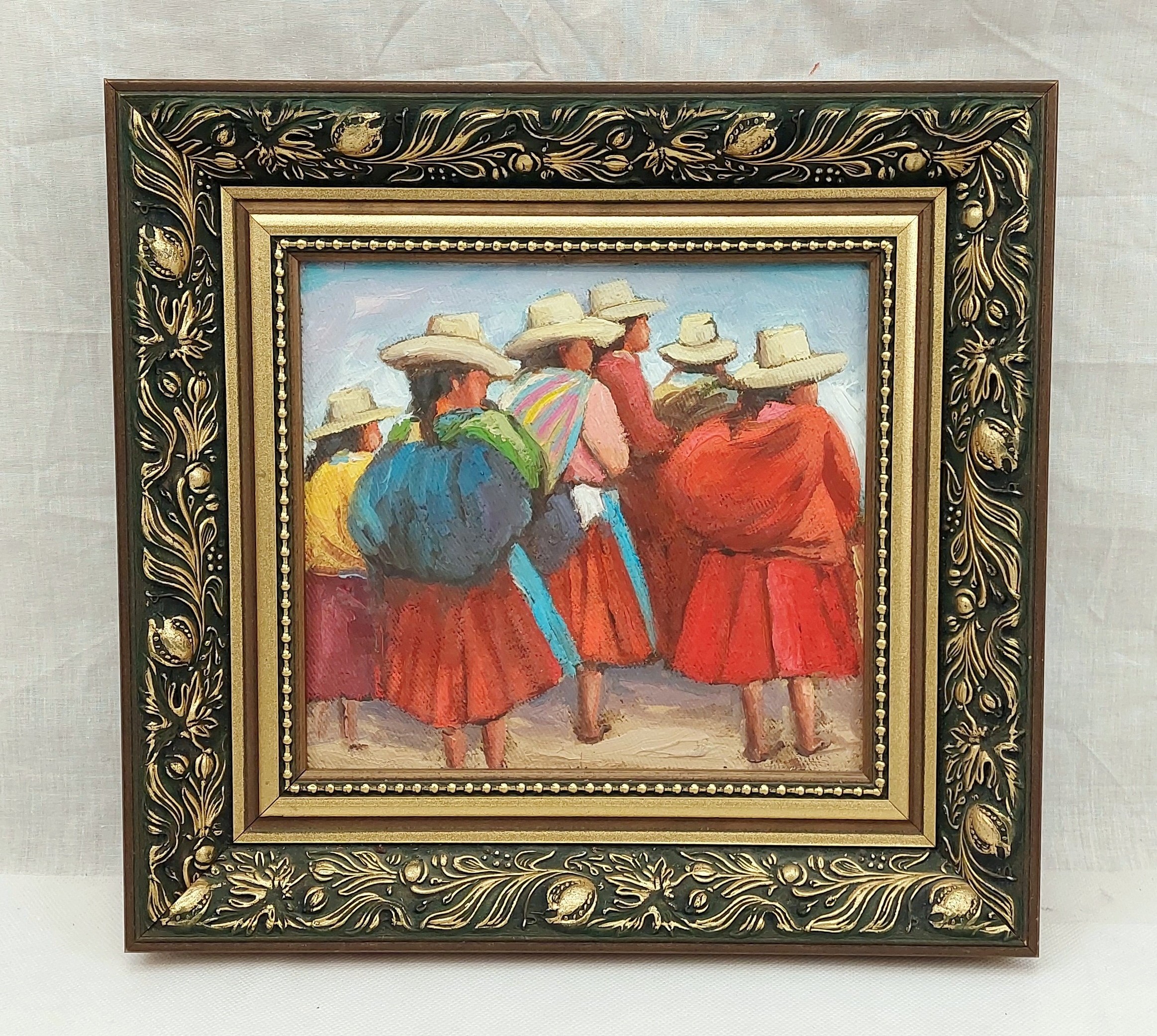 Framed Contemporary Oil Of Six Peasant Spanish Ladies