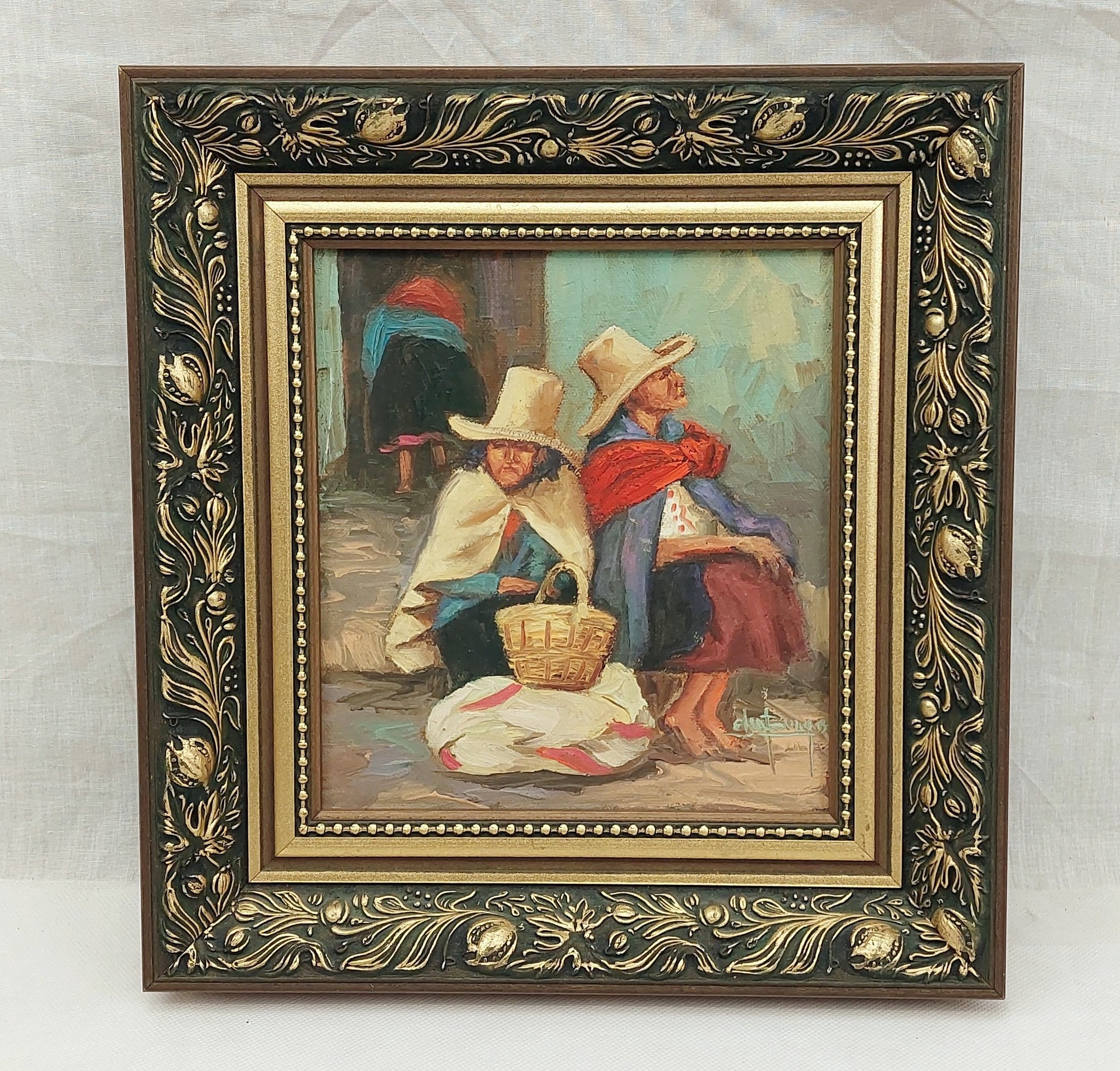 Framed Contemporary Oil Of Two Peasant Spanish Ladies