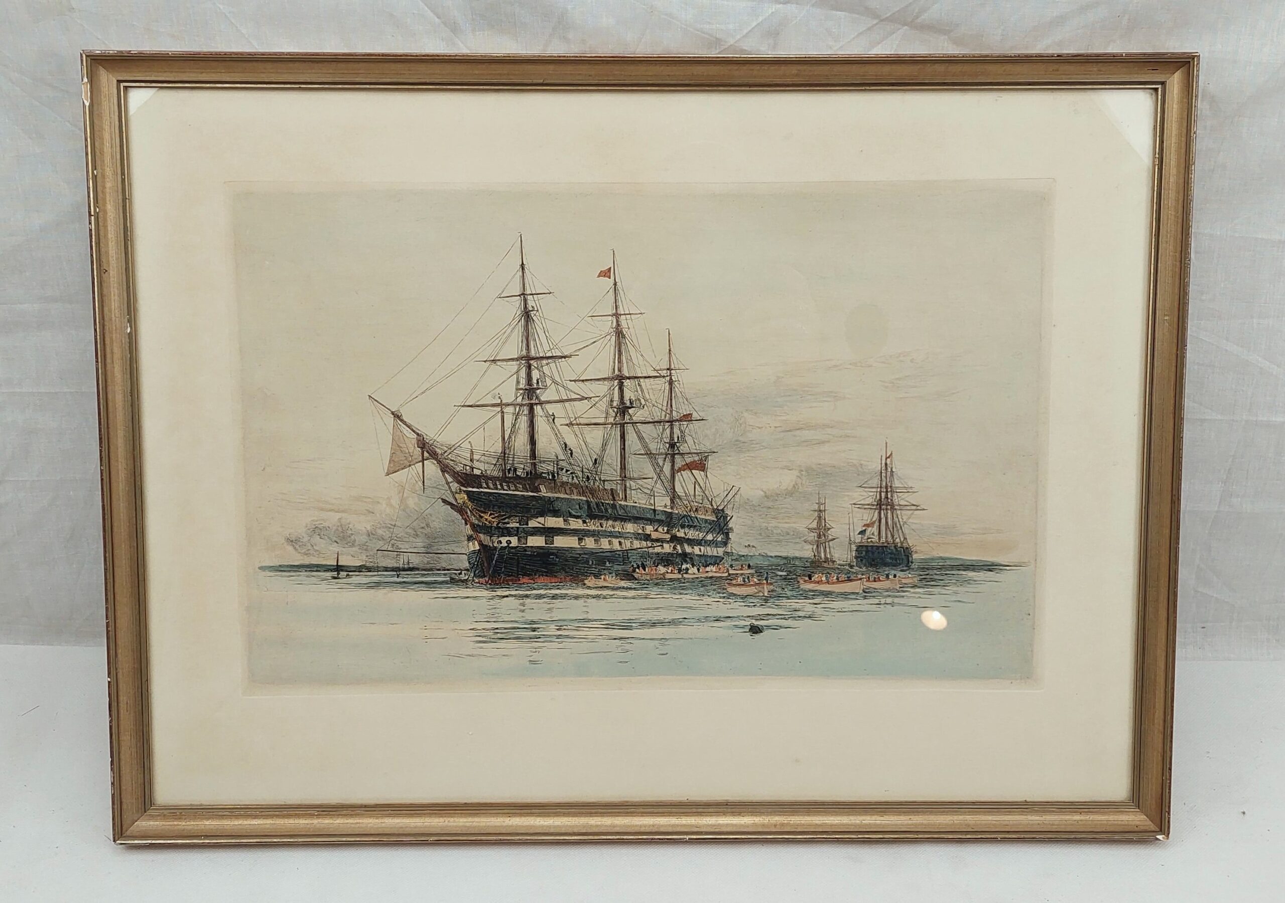 Hand Tinted Etching of HMS Victory by Harold Wyllie