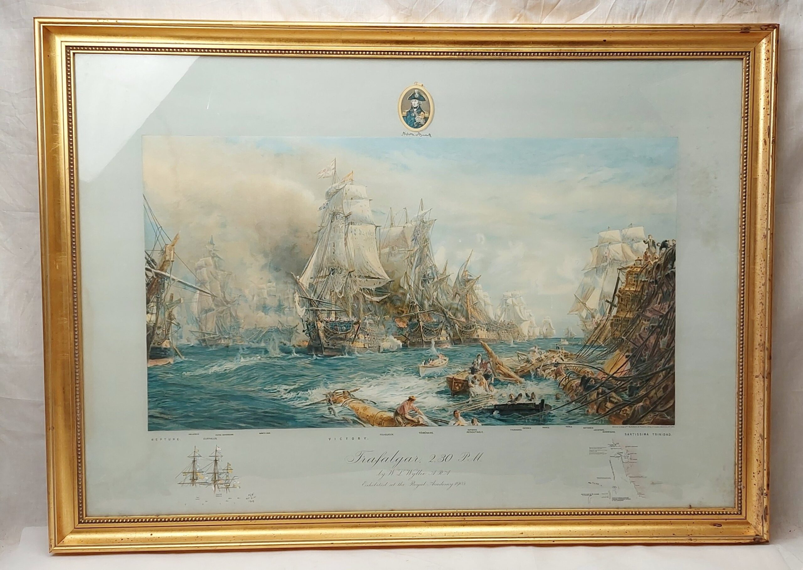 Framed 1905 Chromolithograph Of The Battle Of Trafalgar By W. L. Wyllie