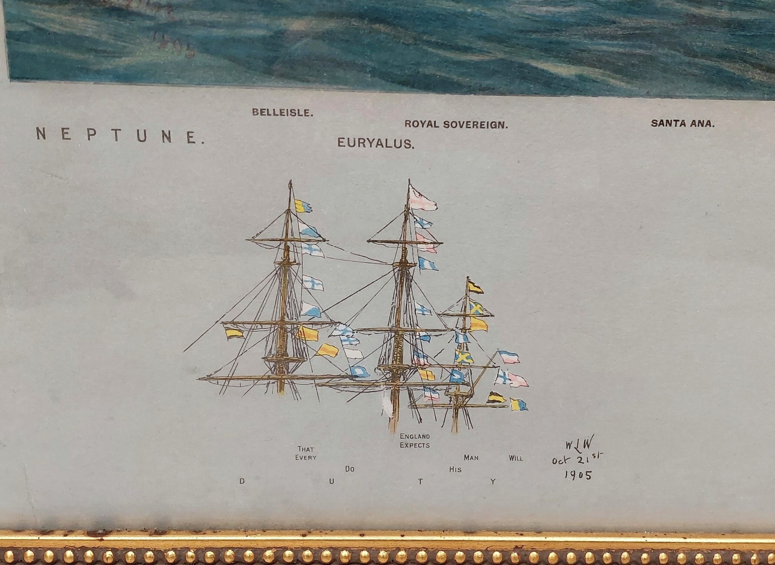 Framed 1905 Chromolithograph Of The Battle Of Trafalgar By W. L. Wyllie - Image 9