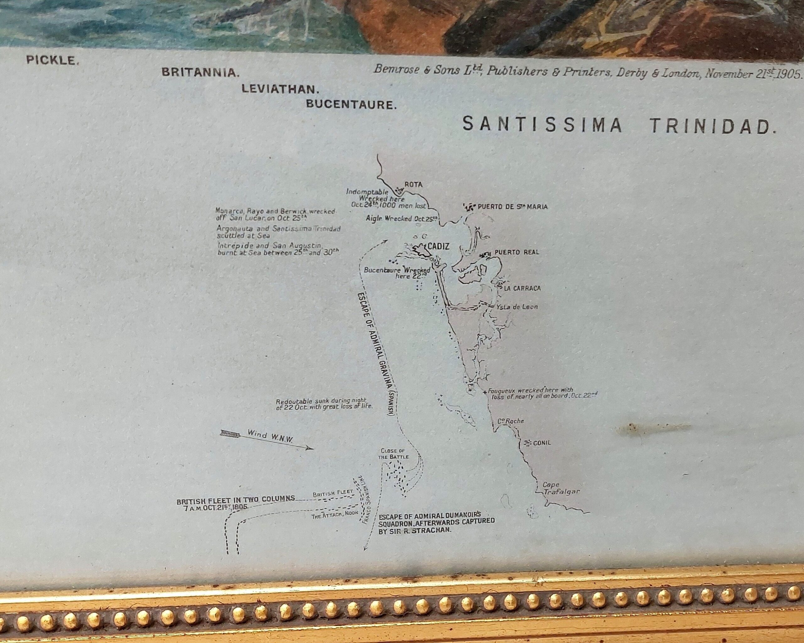 Framed 1905 Chromolithograph Of The Battle Of Trafalgar By W. L. Wyllie - Image 7