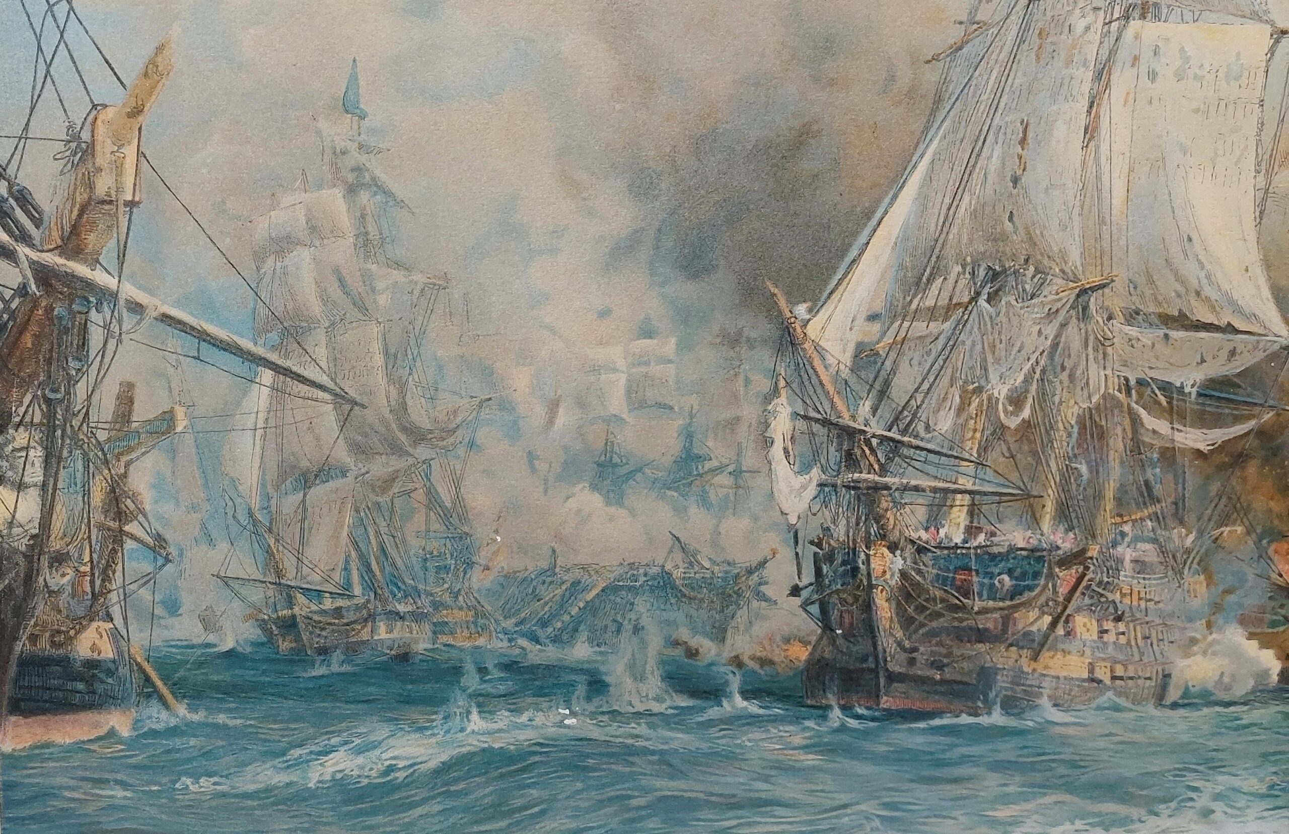 Framed 1905 Chromolithograph Of The Battle Of Trafalgar By W. L. Wyllie - Image 6