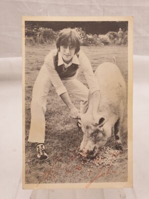 Beatles John Lennon Signed Autographed Photograph Of Himself Feeding A Pig
