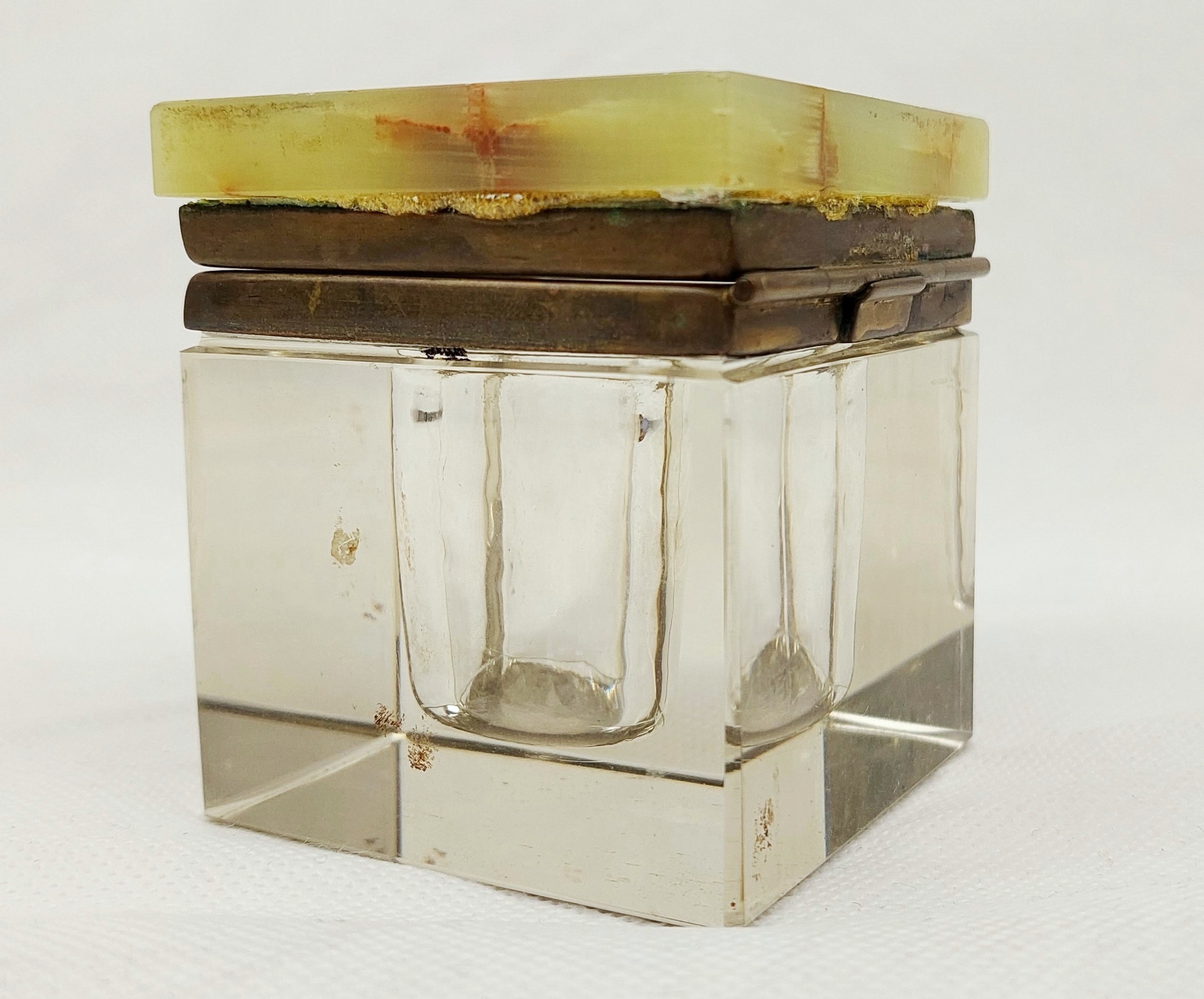 Vintage Continental Cut Glass Inkwell On Onyx Stand