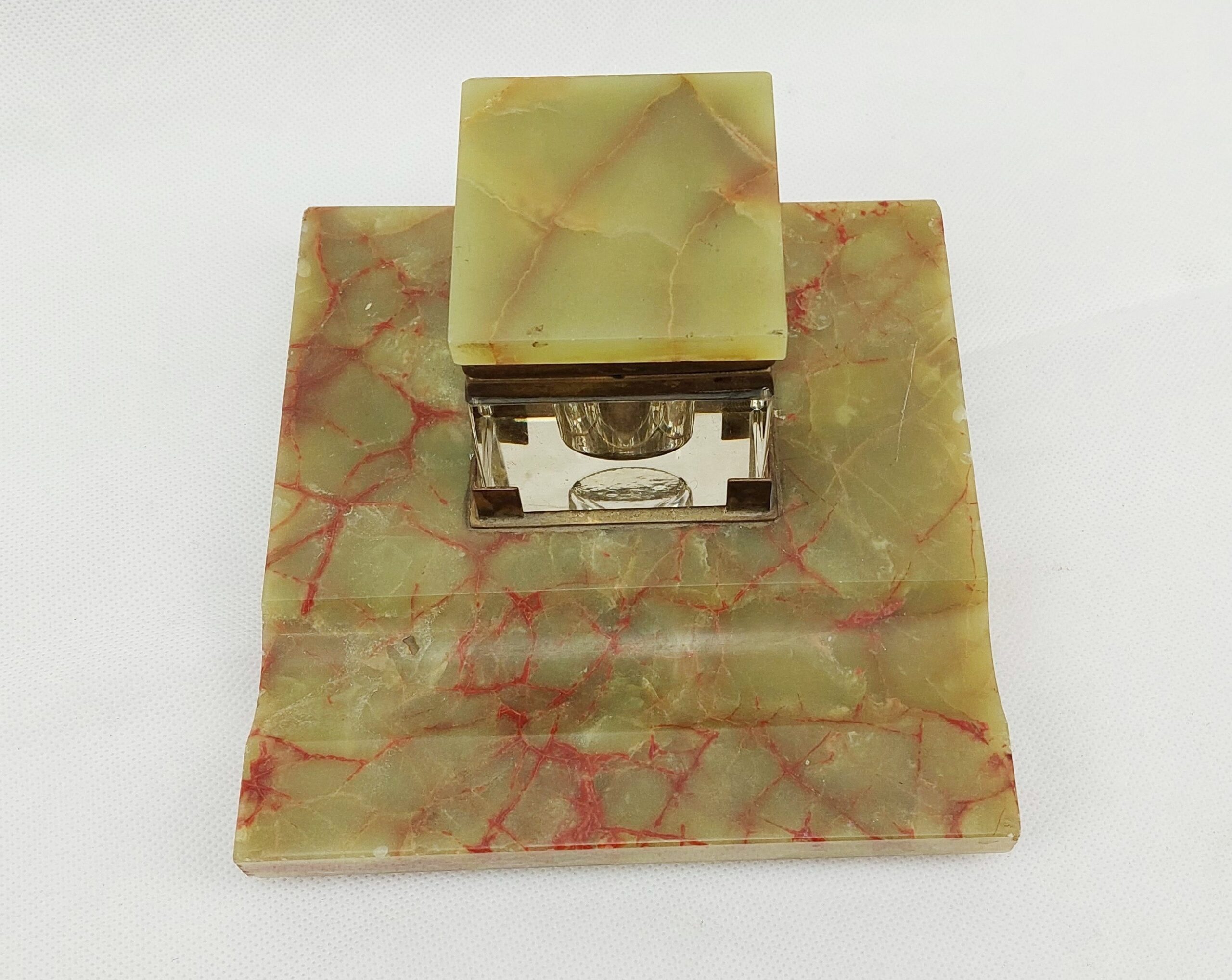 Vintage Continental Cut Glass Inkwell On Onyx Stand - Image 8