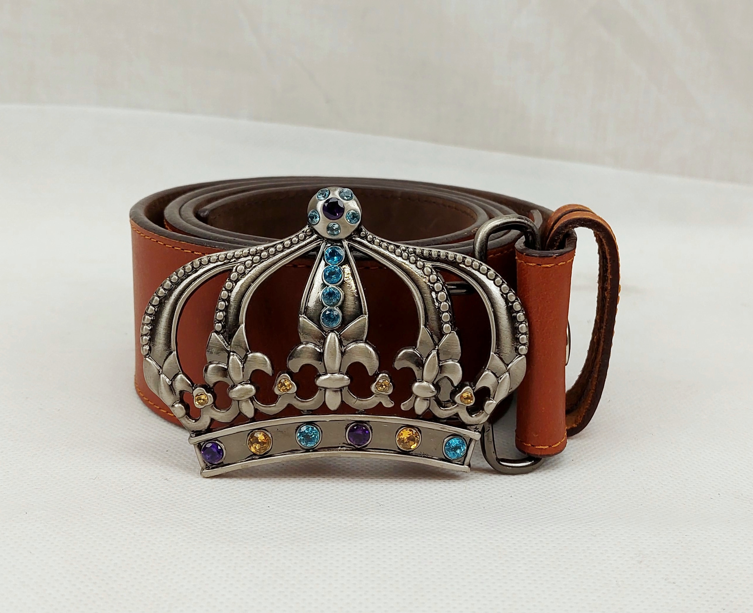 Gents Leather Belt With Semi Precious Stone Crown Buckle