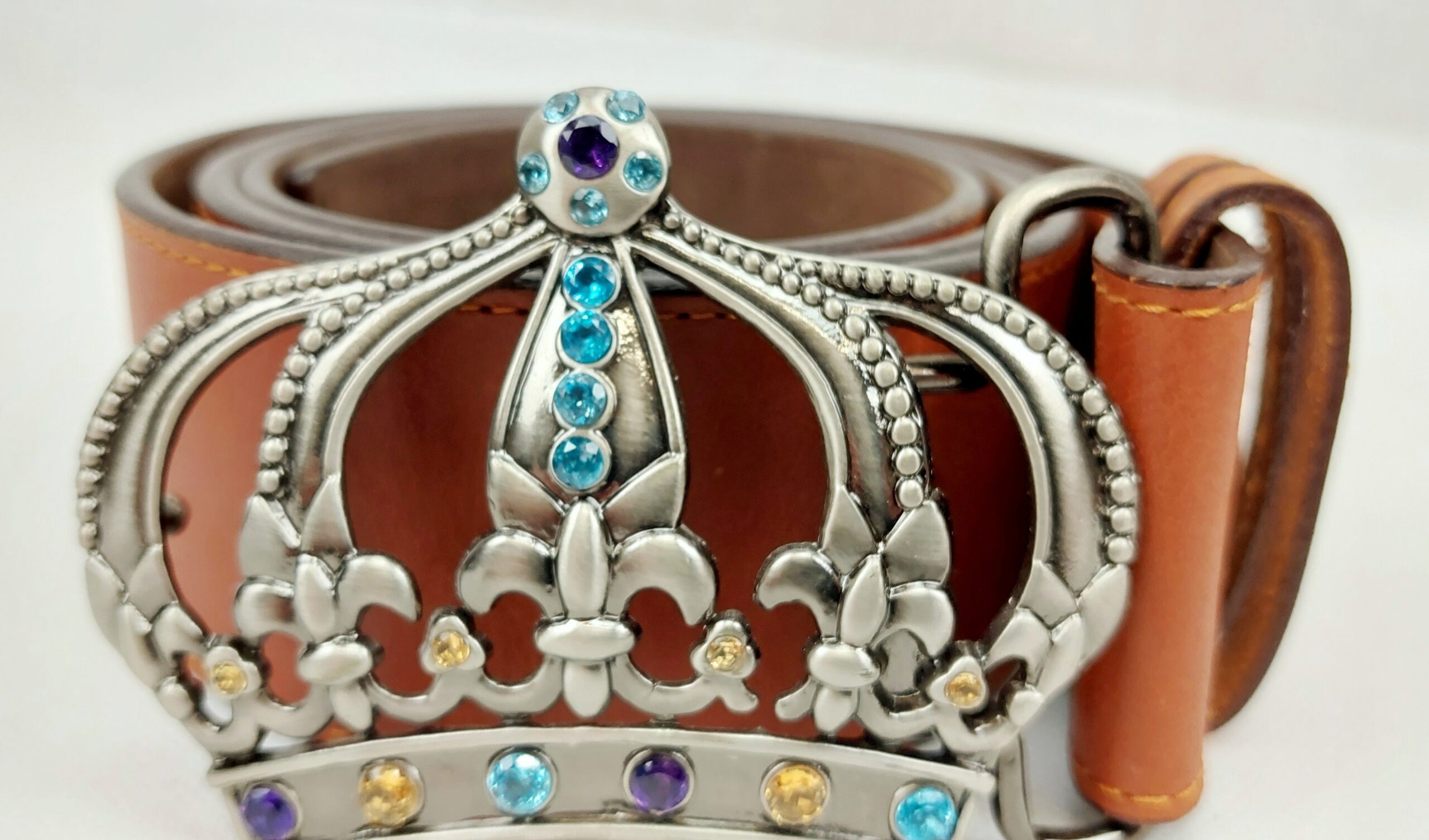 Gents Leather Belt With Semi Precious Stone Crown Buckle - Image 5