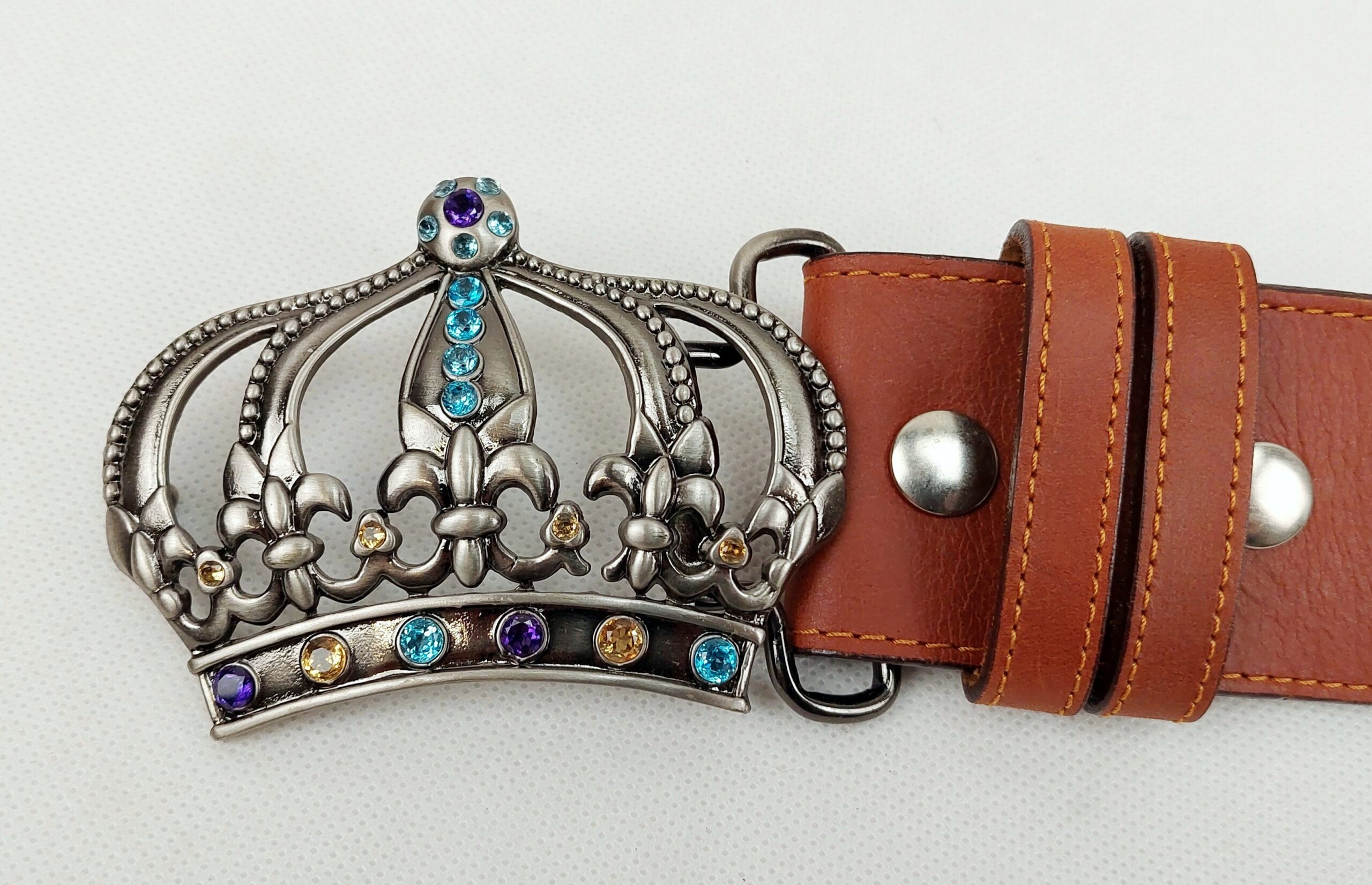 Gents Leather Belt With Semi Precious Stone Crown Buckle - Image 3