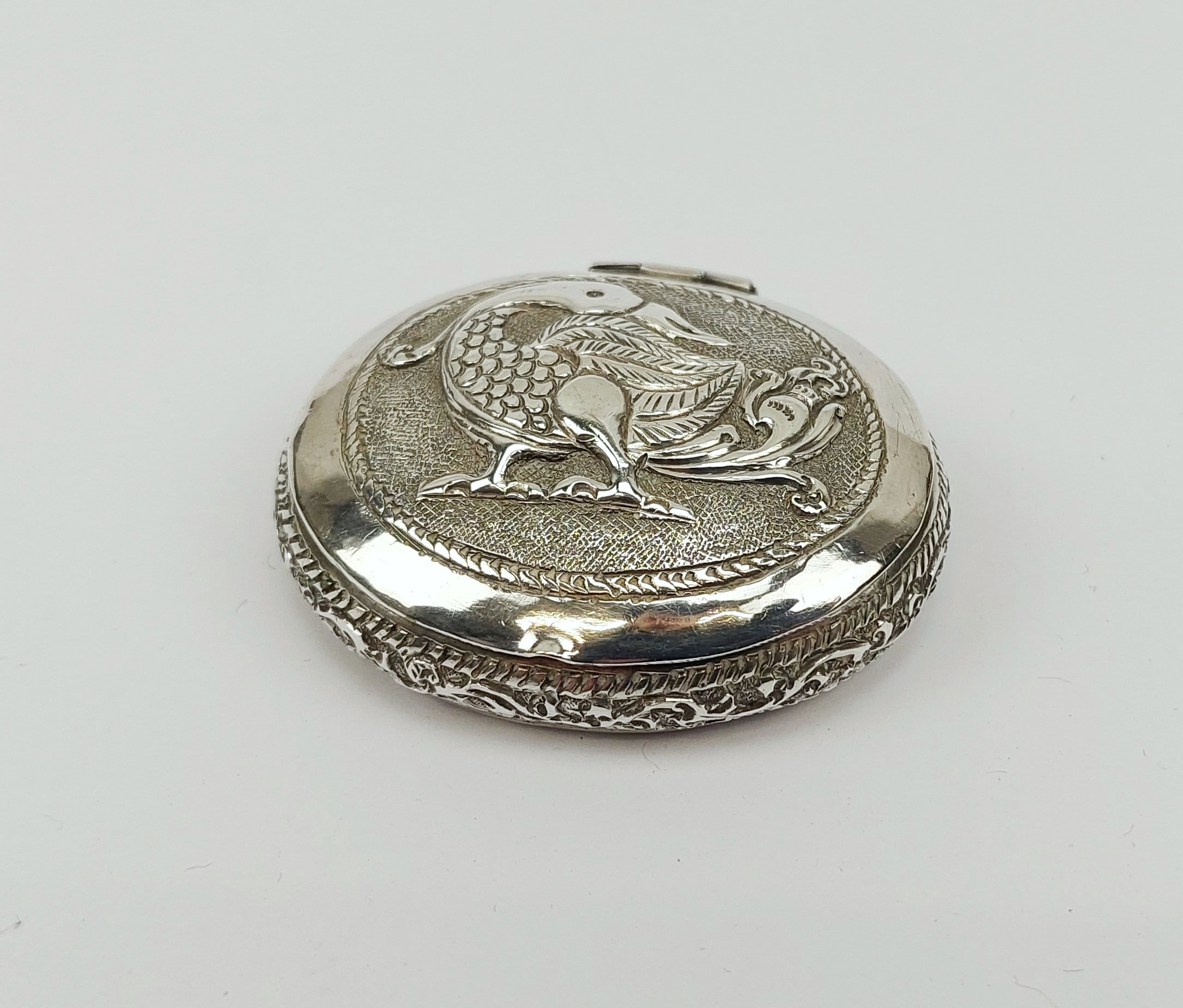 Chinese White Metal Pill Box With Dragon Decoration