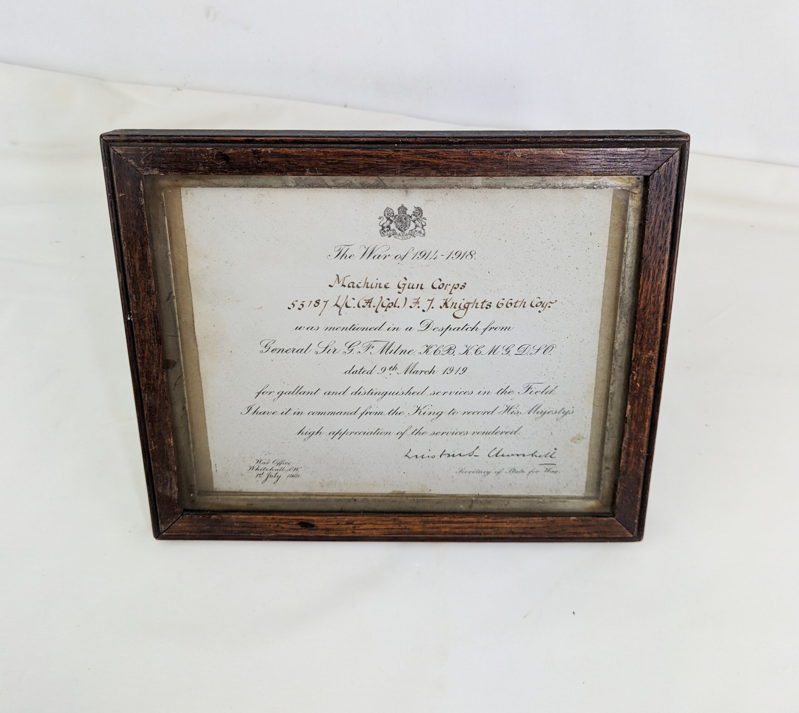 F.J. Knights WW1 Machine Gun Corps MiD Certificate