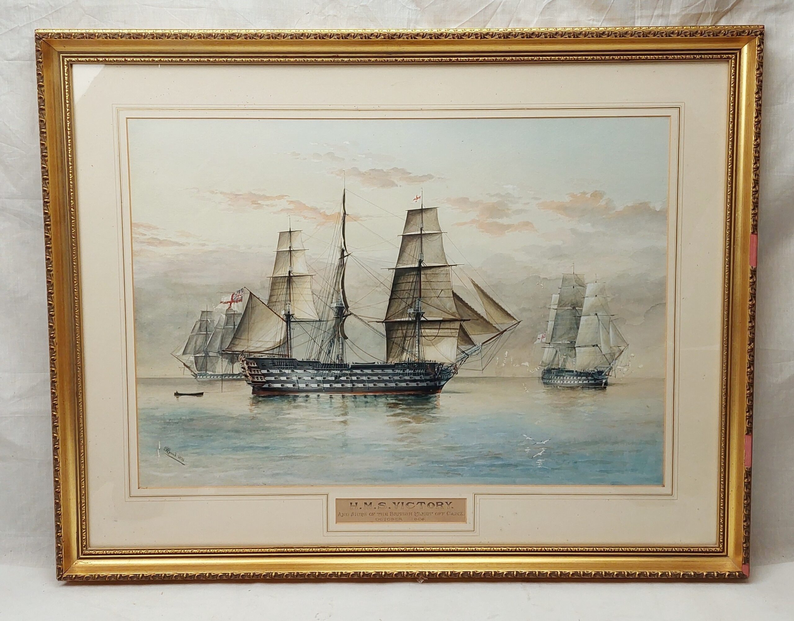 1893 Watercolour Of H.M.S. Victory And Ships Of The British Fleet Off Cadiz October 1806 By S. Hood